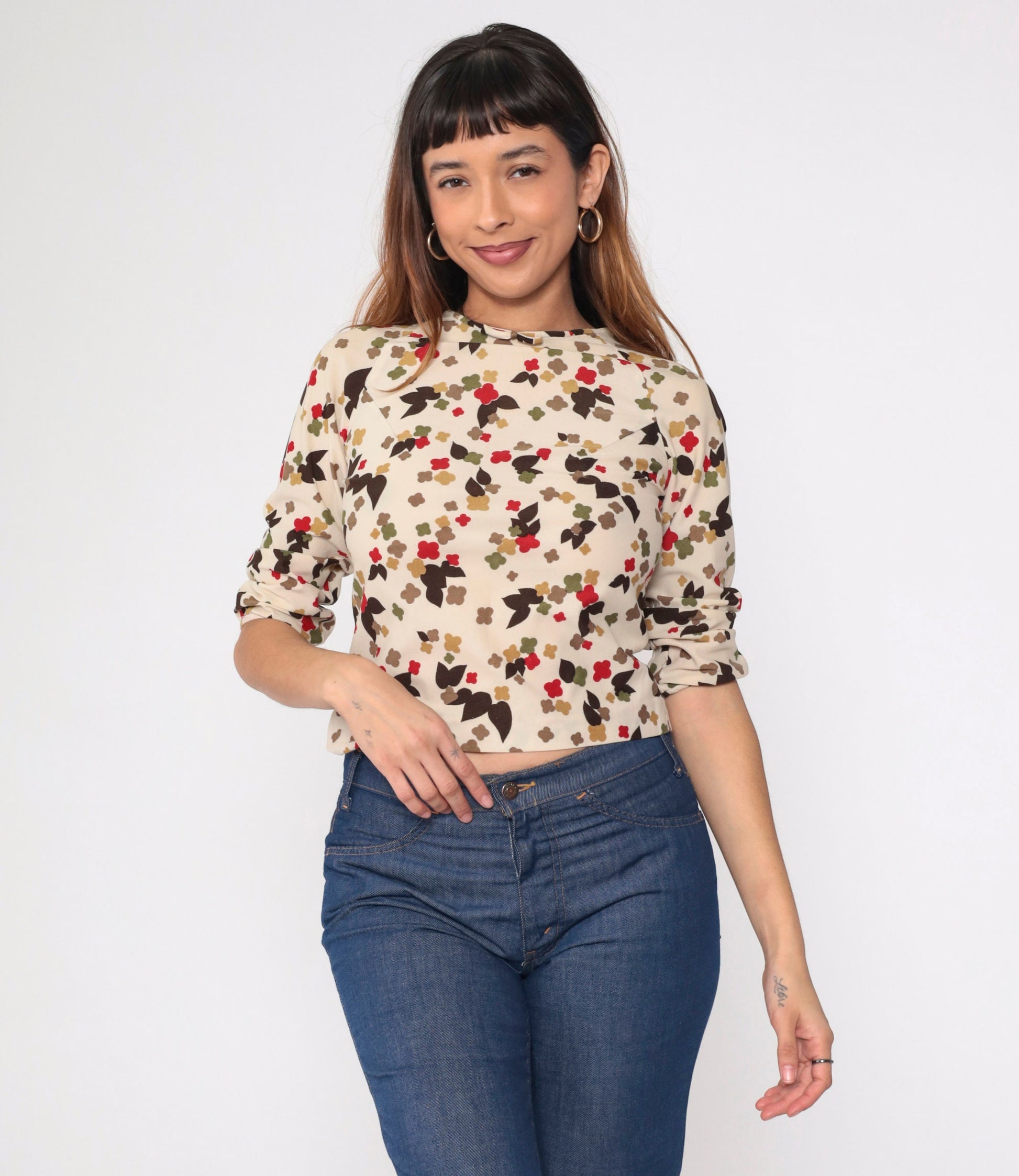 70s Cream Floral Abstract Crop Top Blouse Bow Neckline Raglan Sleeve Extra Small