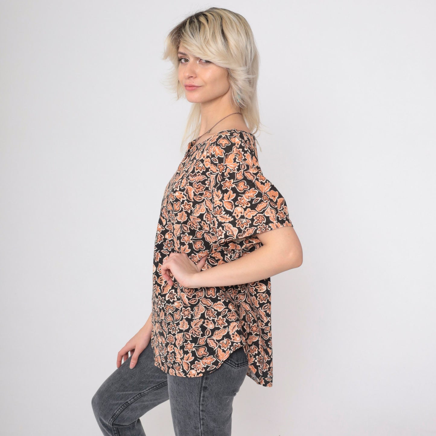 90s Black Orange Floral Henley Shirt Short Sleeve Button Up Large