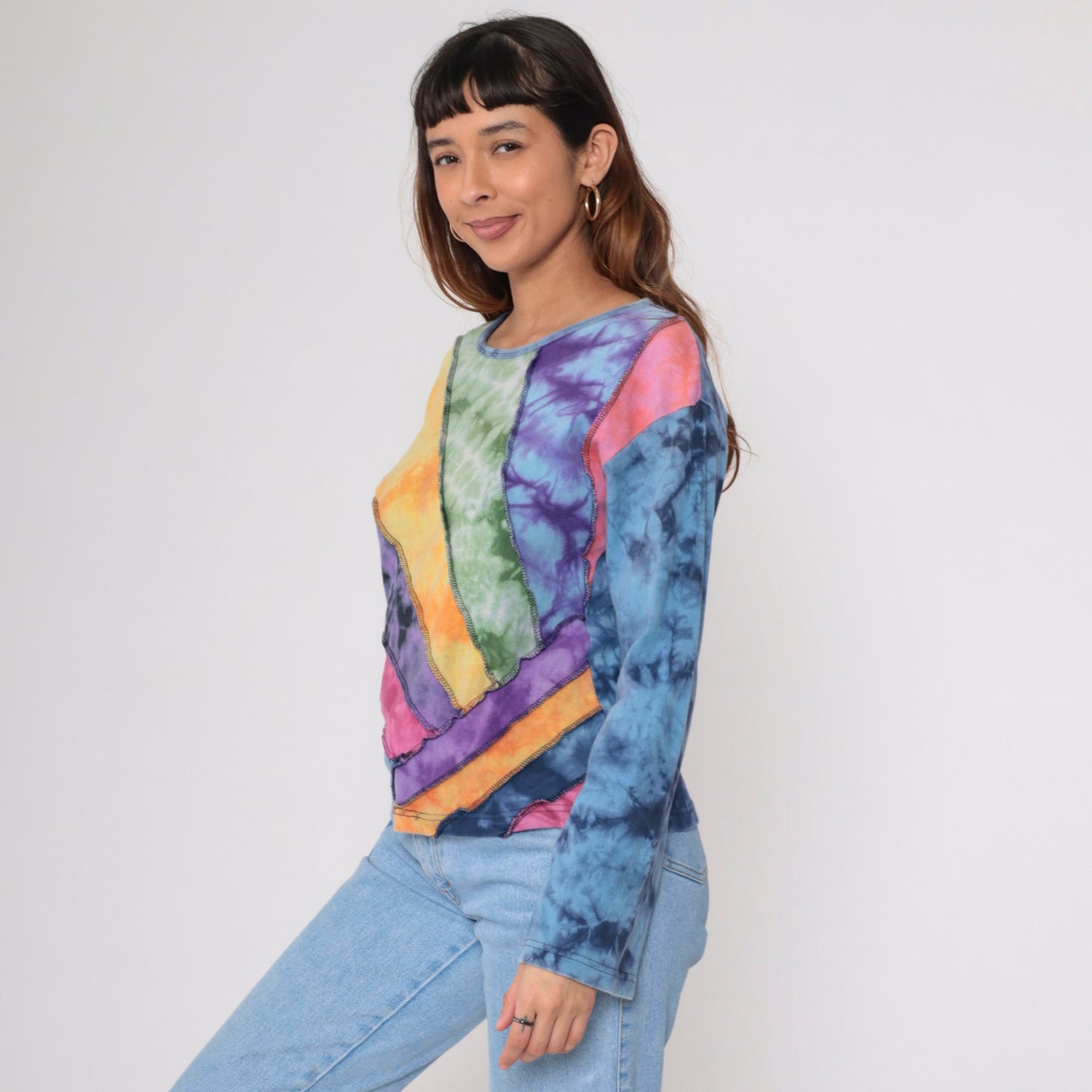 00s Tie Dye Panel Long Sleeve T Shirt Blue Green Yellow Purple Cotton Medium