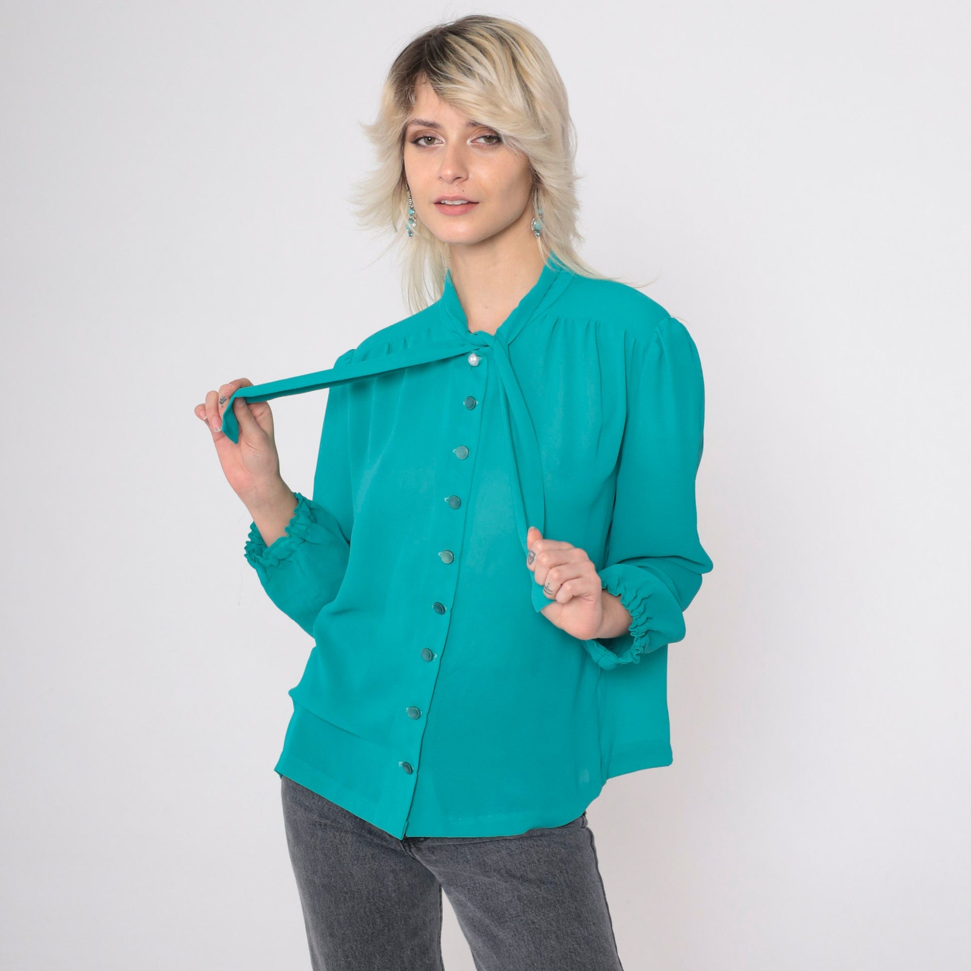 80s Teal Chiffon Blouse Puff Sleeve Ascot Bow Button-Up Large