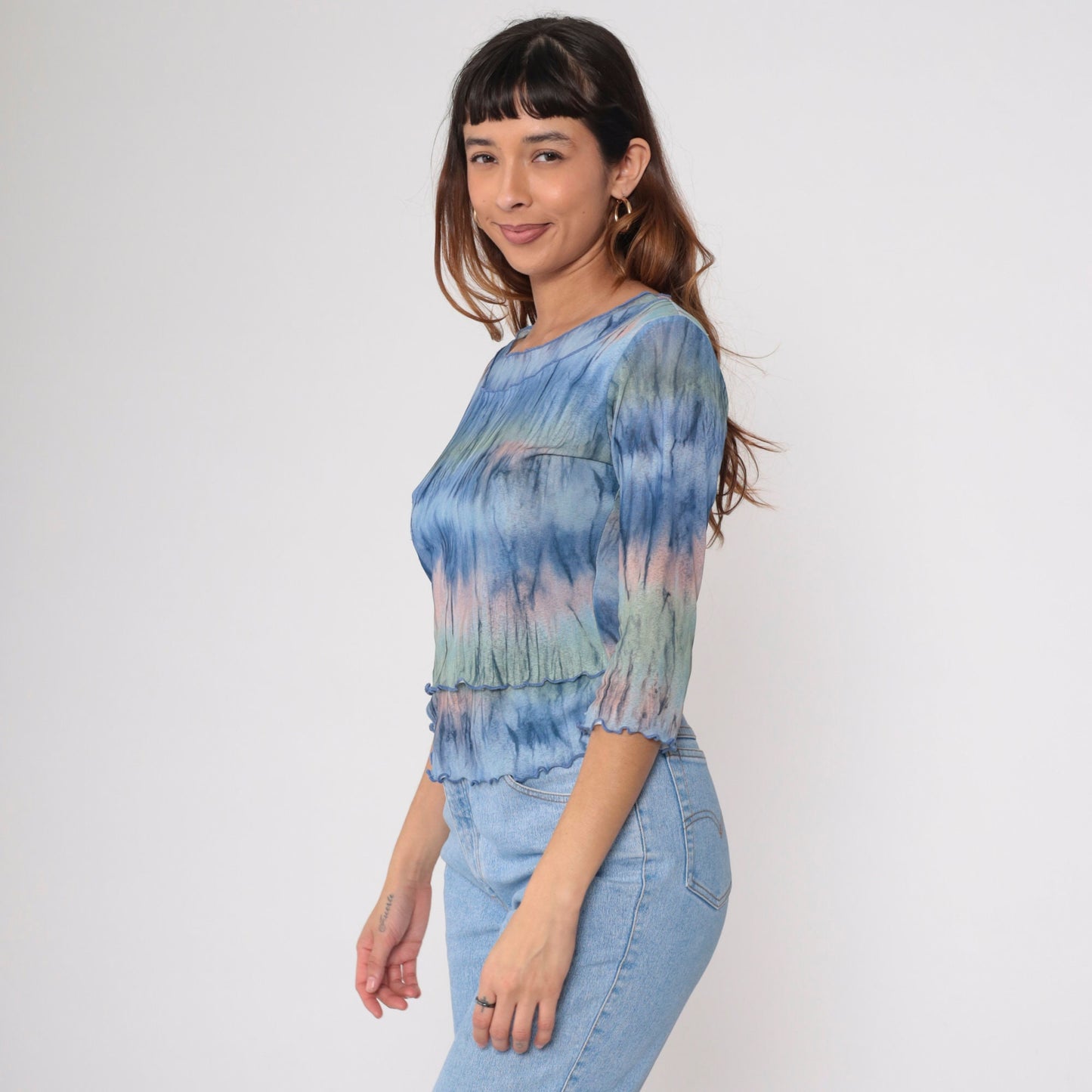 Y2K Tie Dye 3/4 Sleeve Top Lettuce Edge Semi-Sheer Blue Pink Green Medium