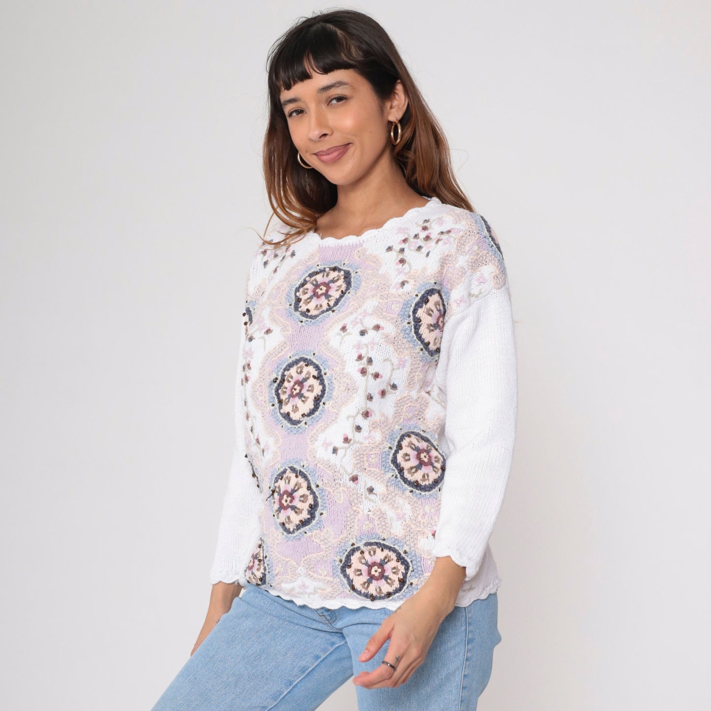 90s Floral Knit Sweater White Embroidered Glitter Scalloped Pullover Small