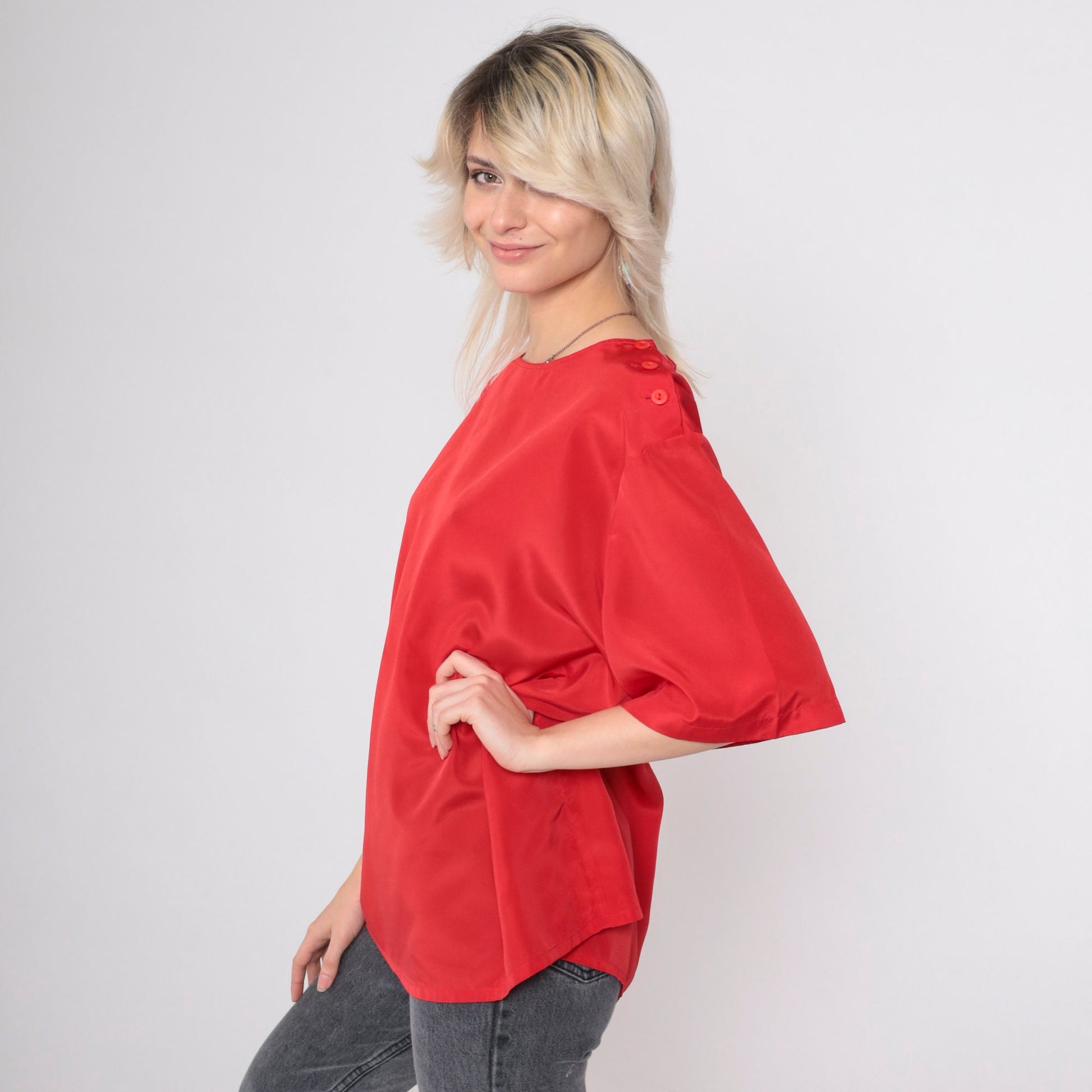 90s Koret Red Silky Blouse Short Sleeve Button Shoulder Plus Size XXL