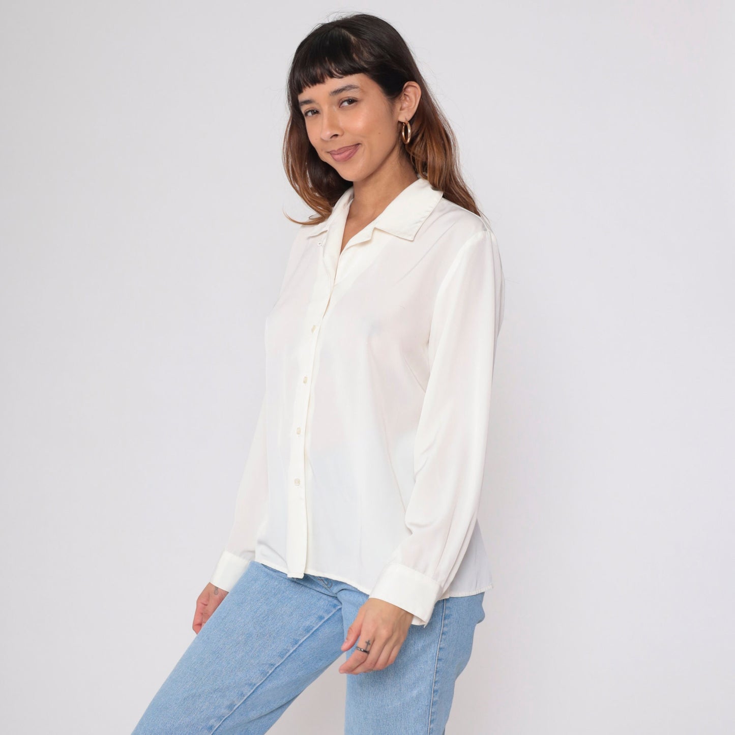 90s White Button-Up Blouse Long Sleeve Collared Shirt Large L