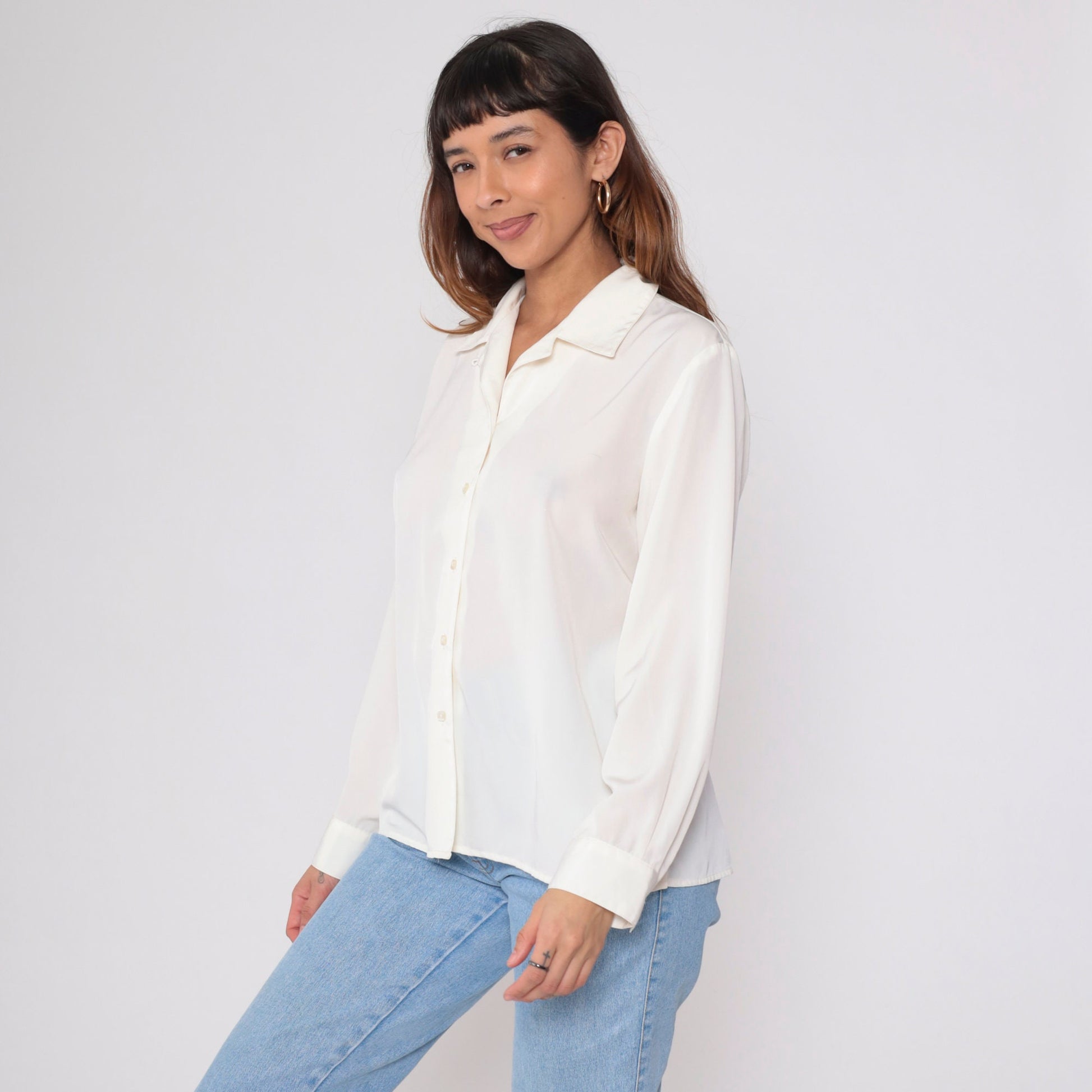 90s White Button-Up Blouse Long Sleeve Collared Shirt Large L