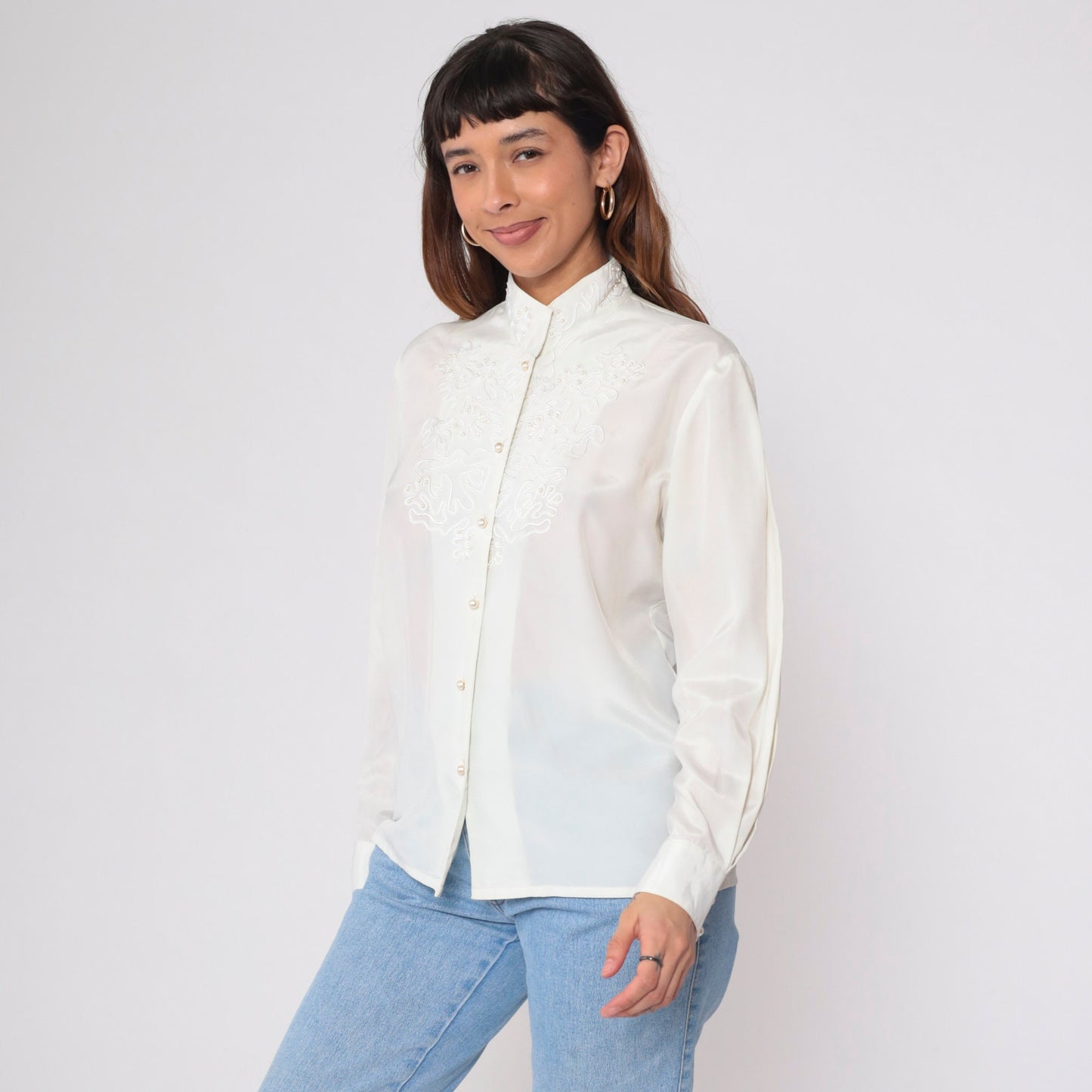80s White Pearl Beaded Blouse Soutache Stand Collar Button-Up Medium