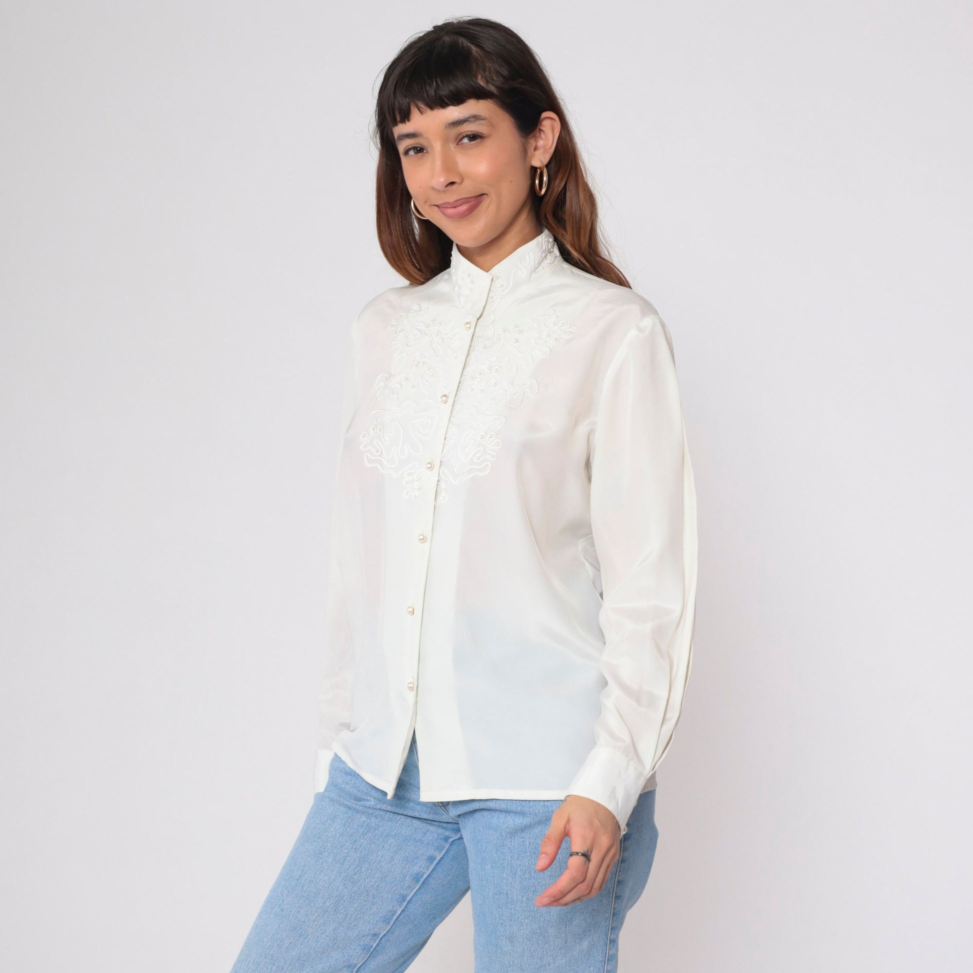 80s White Pearl Beaded Blouse Soutache Stand Collar Button-Up Medium