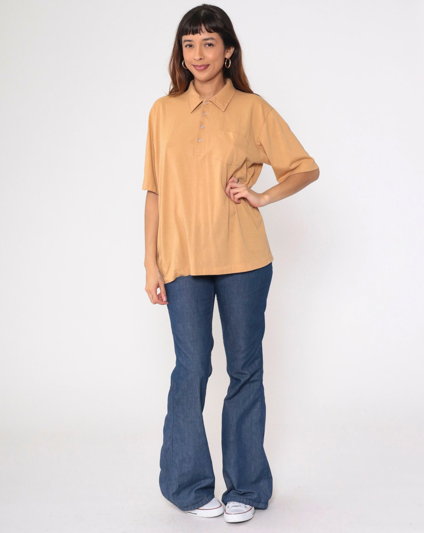 70s Light Brown Polo Shirt Button-Up Short Sleeve Collared Men's XL