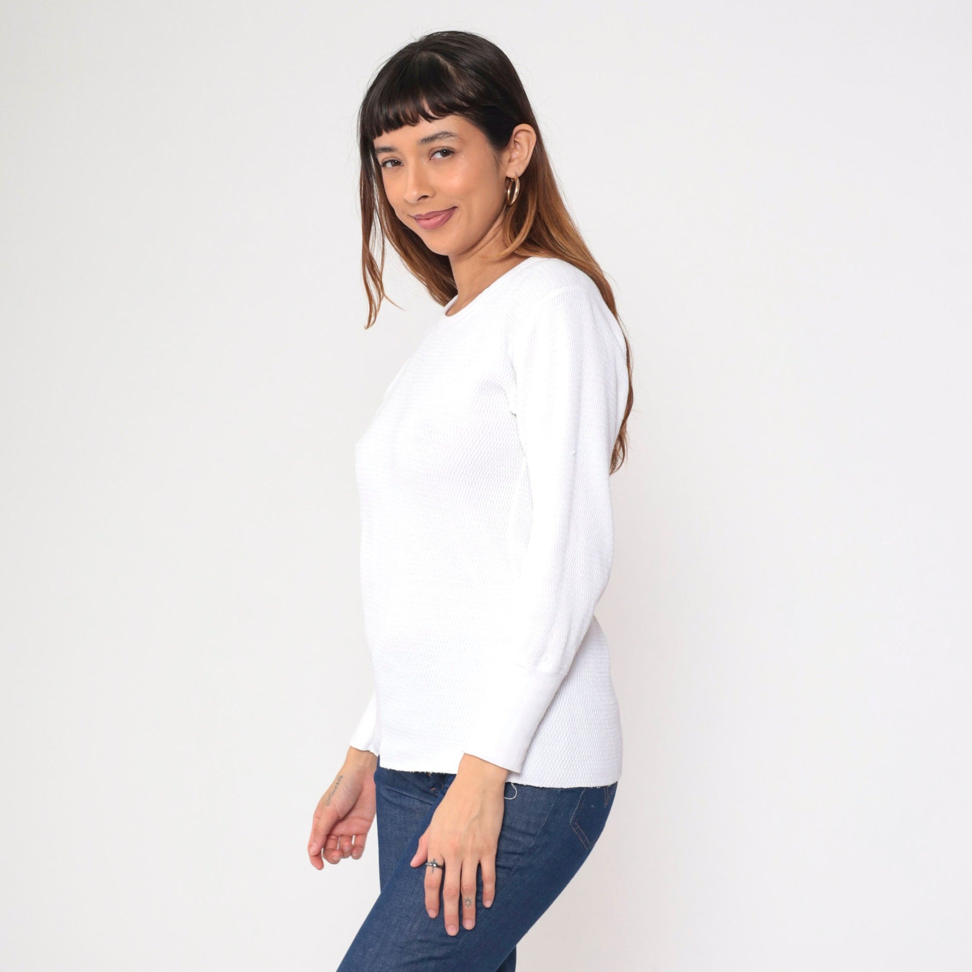 80s White Thermal Waffle Knit Long Sleeve Undershirt Small