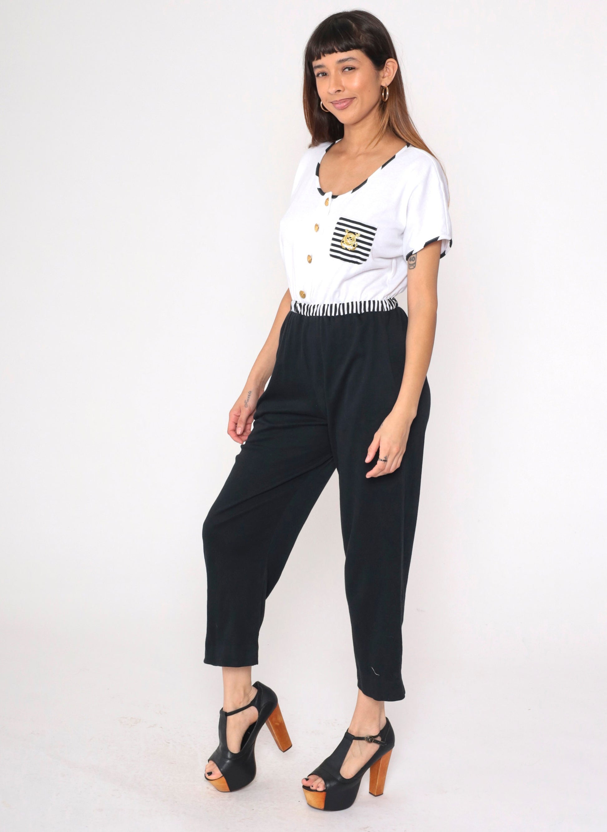 80s Dotti Nautical Jumpsuit Black White Striped Anchor Embroidered Medium