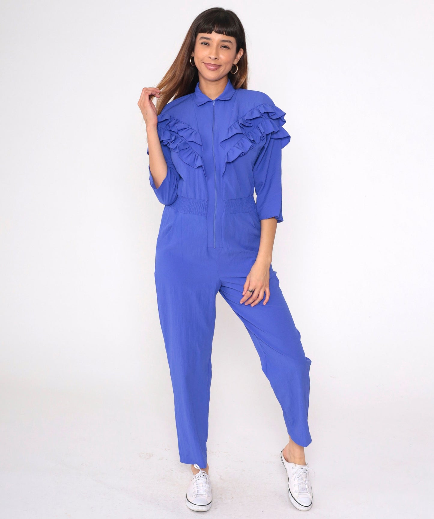 80s Purple Ruffled Jumpsuit High Waisted Tapered Zipper Front 3/4 Sleeve Medium Petite