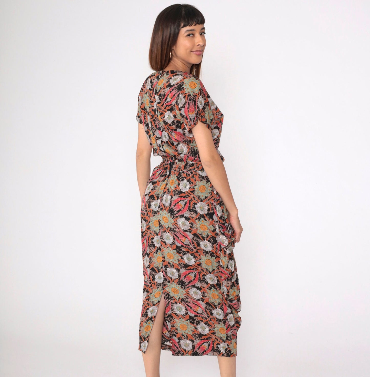 80s Floral Midi Dress Button Back Pencil Skirt Short Sleeve Black Red Orange Medium 8
