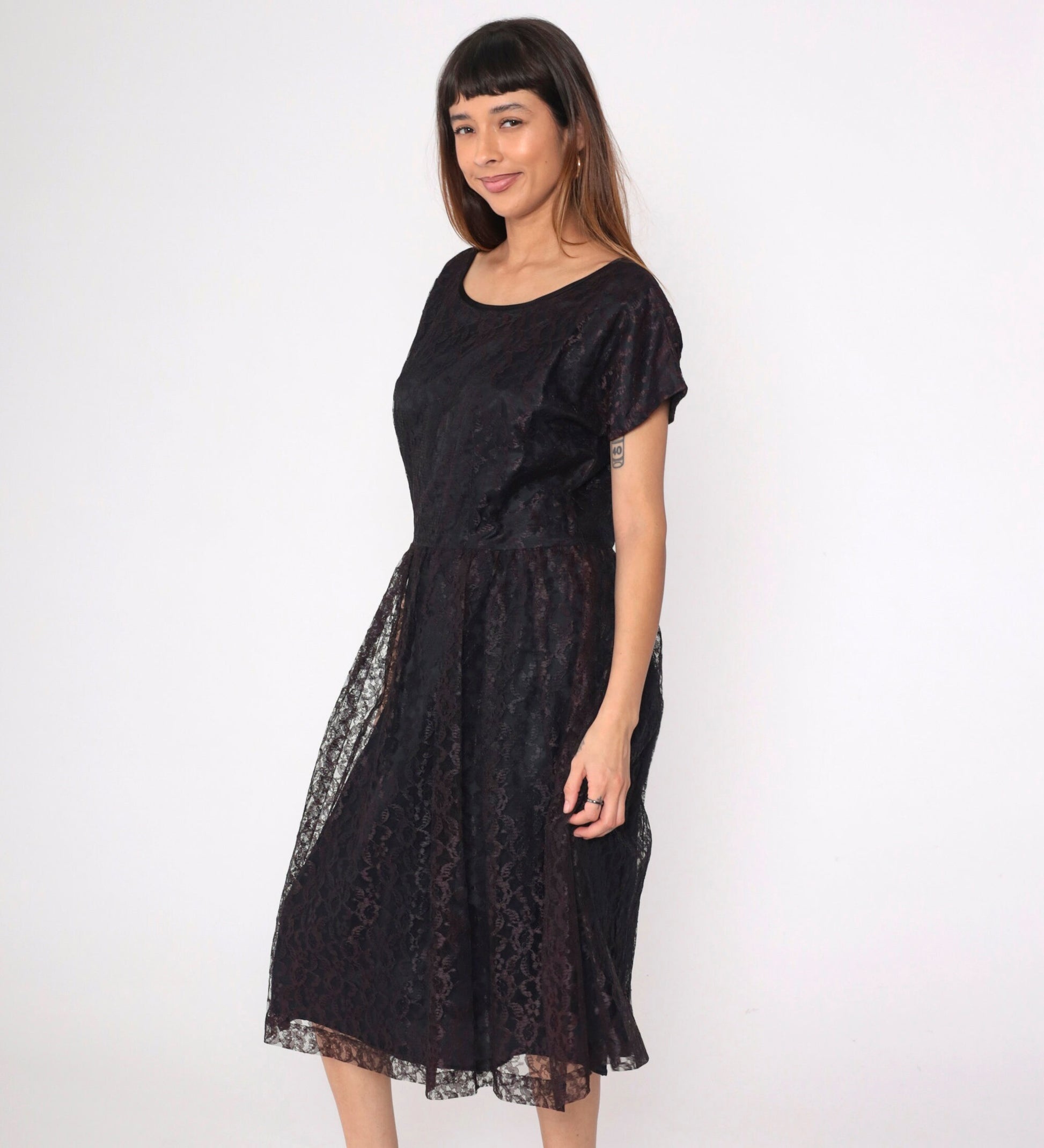 1960s Brown Lace Dress Tea Length High Waist Short Sleeve Black Lining Large L