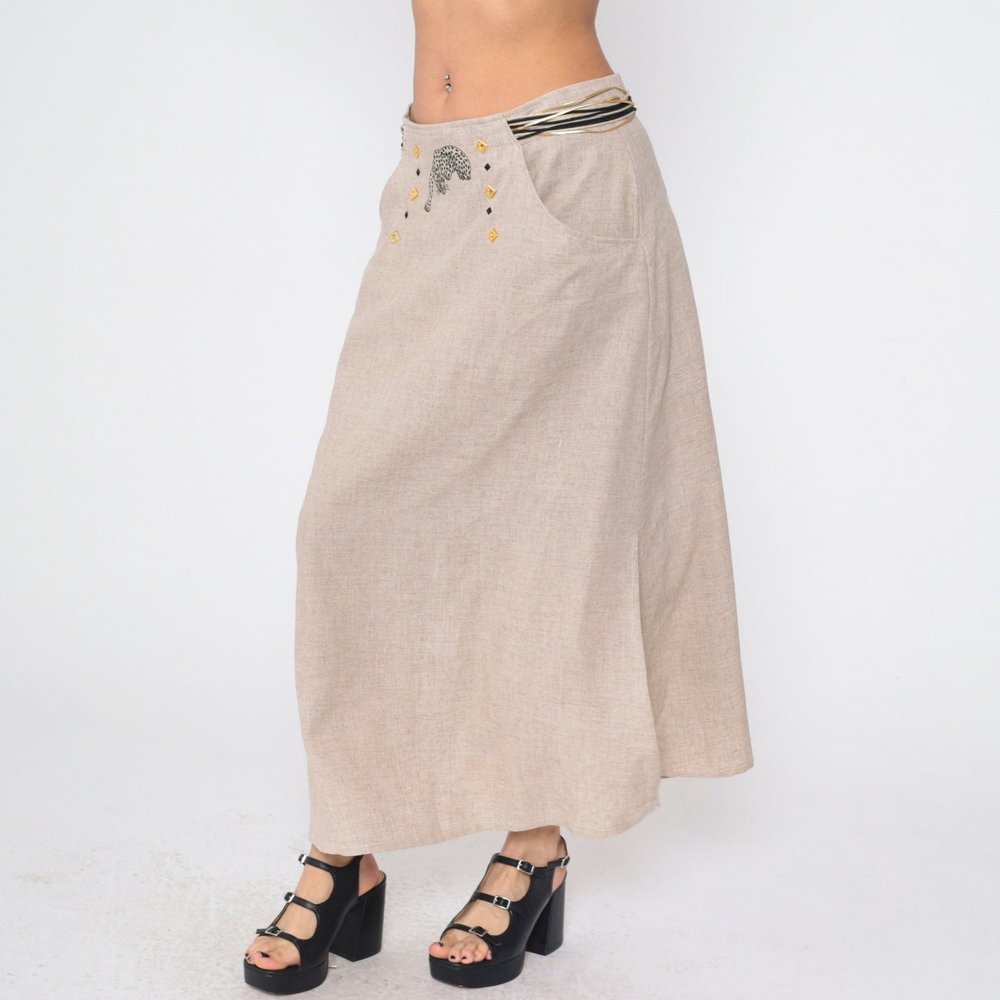 90s Joseph Ribkoff Leopard Print Maxi Skirt Tan Gold Studs Large L