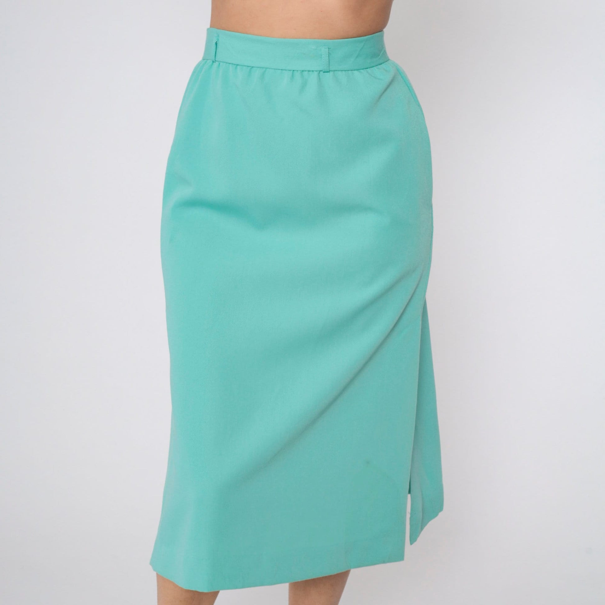 80s Seafoam Midi Pencil Skirt High Waist Side Slit Small