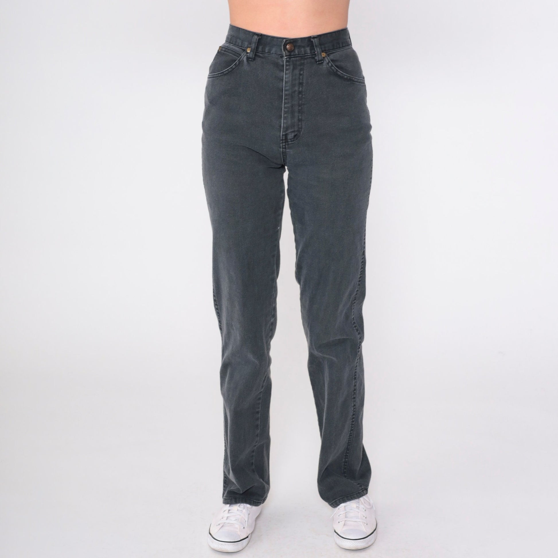 90s Black High-Waist Slim Straight Jeans Faded Denim Small 27