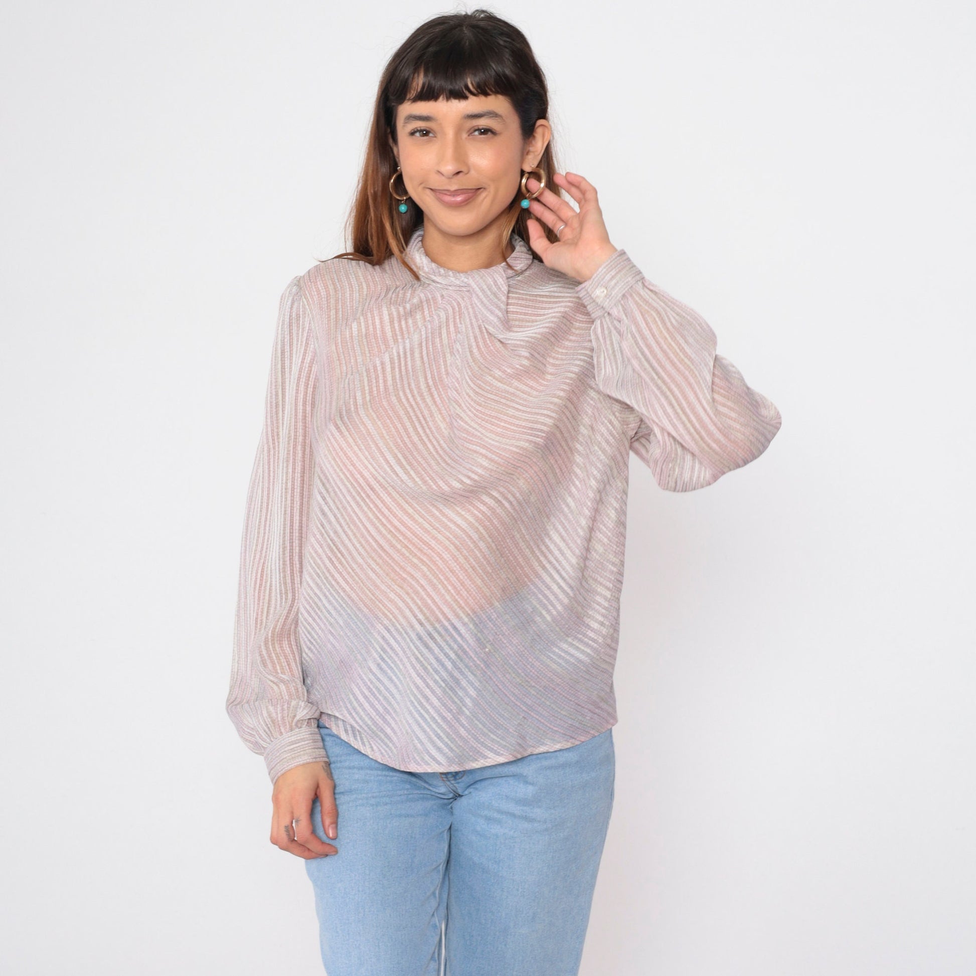 80s Sheer Striped Cowl Neck Blouse Puff Sleeve Button Back Grey Pink Medium