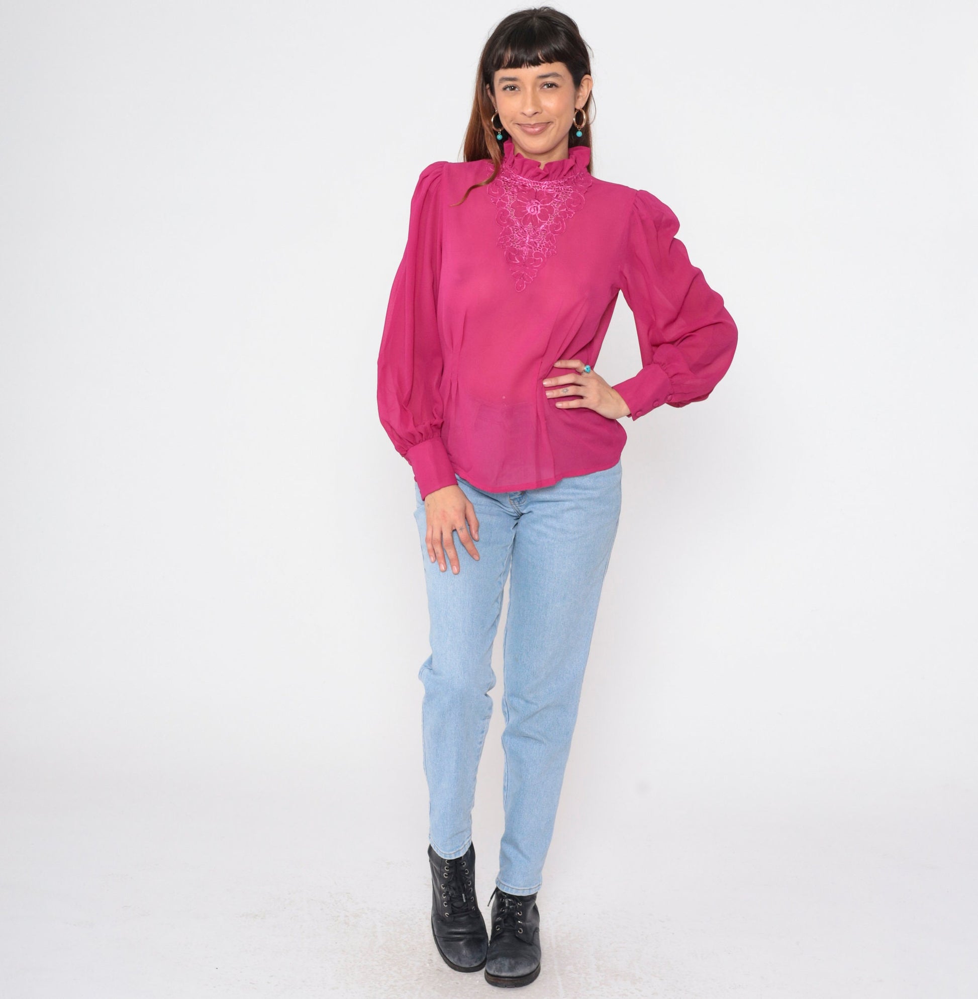 80s Fuchsia Embroidered Chiffon Blouse Puff Sleeve Floral Cutout Medium