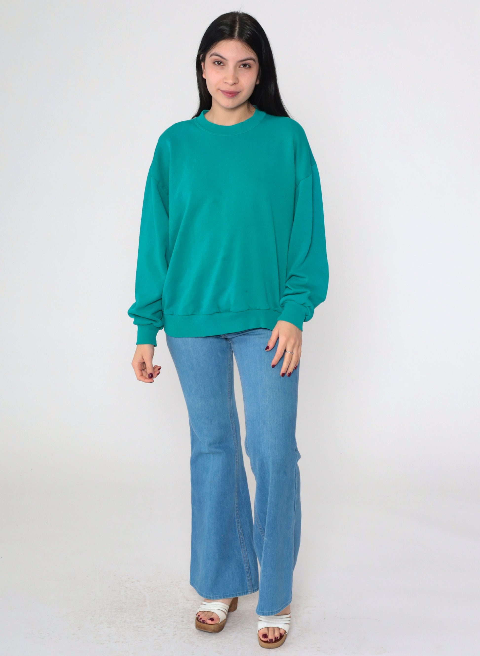 90s Teal Crewneck Sweatshirt Plain Long Sleeve Pullover Large