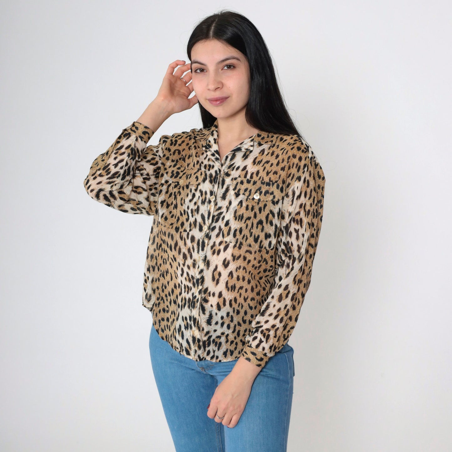 90s Leopard Print Button-Up Blouse Long Sleeve Semi-Sheer Small