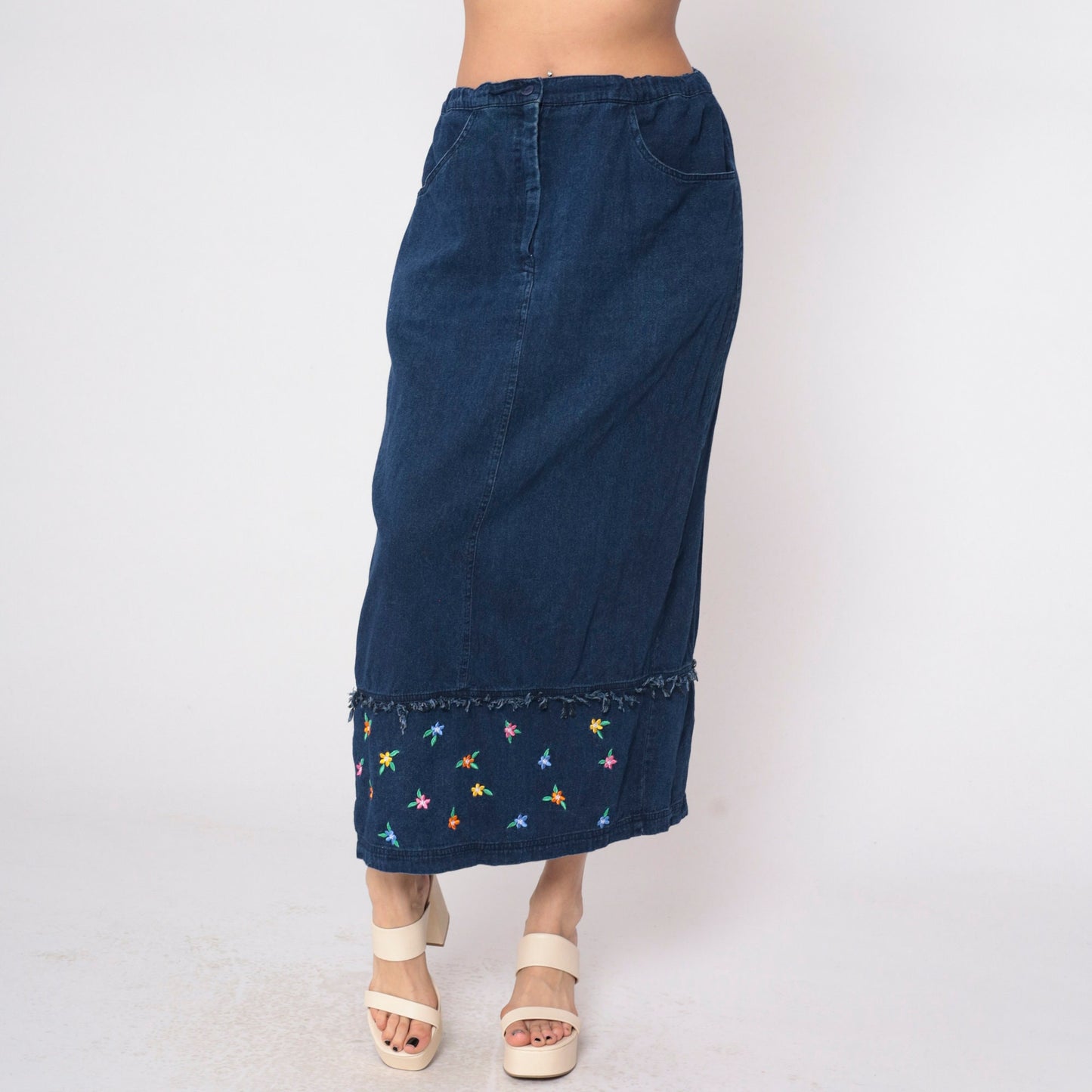 00s Samantha Edwards Denim Maxi Skirt Floral Embroidered Dark Wash Large