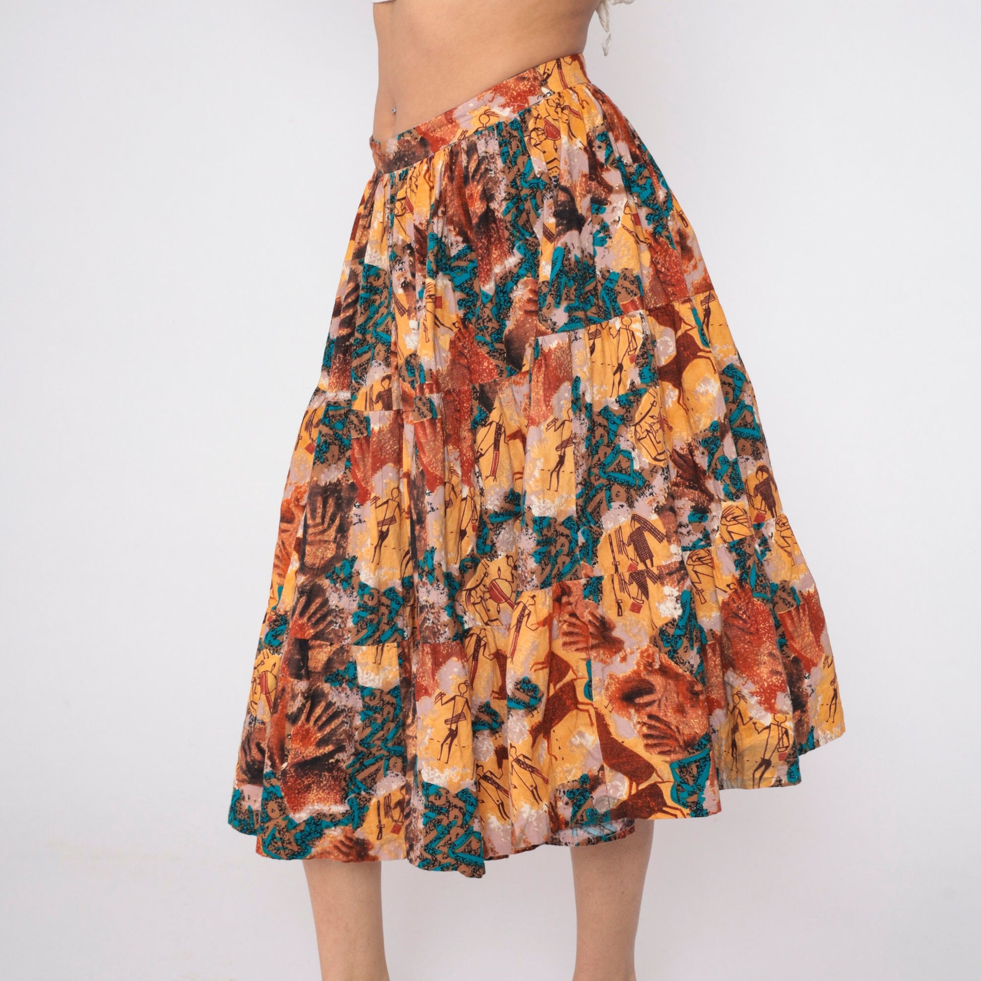 90s Tie Dye Petroglyph Tiered Midi Skirt High Waist Multicolor Cotton Medium M