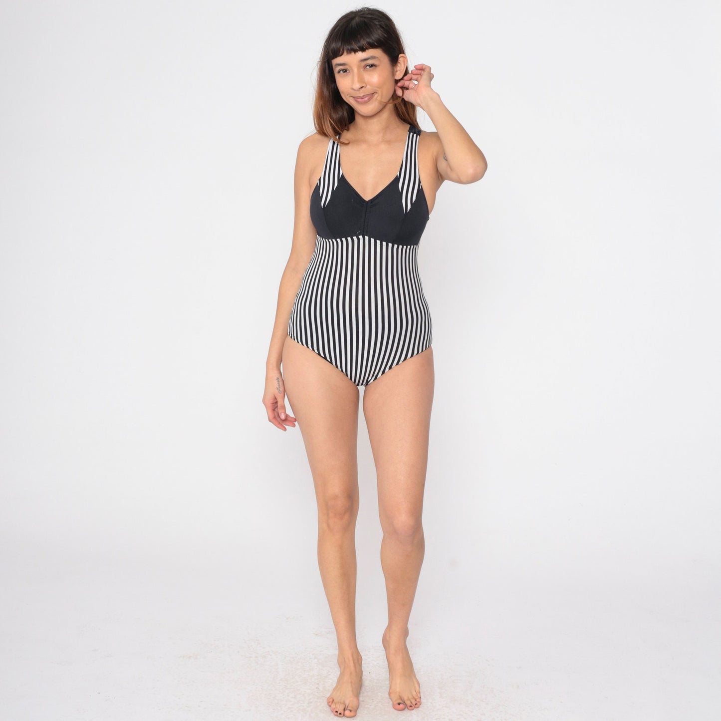 90s Black White Striped One-Piece Swimsuit V-Neck Low Cut Small