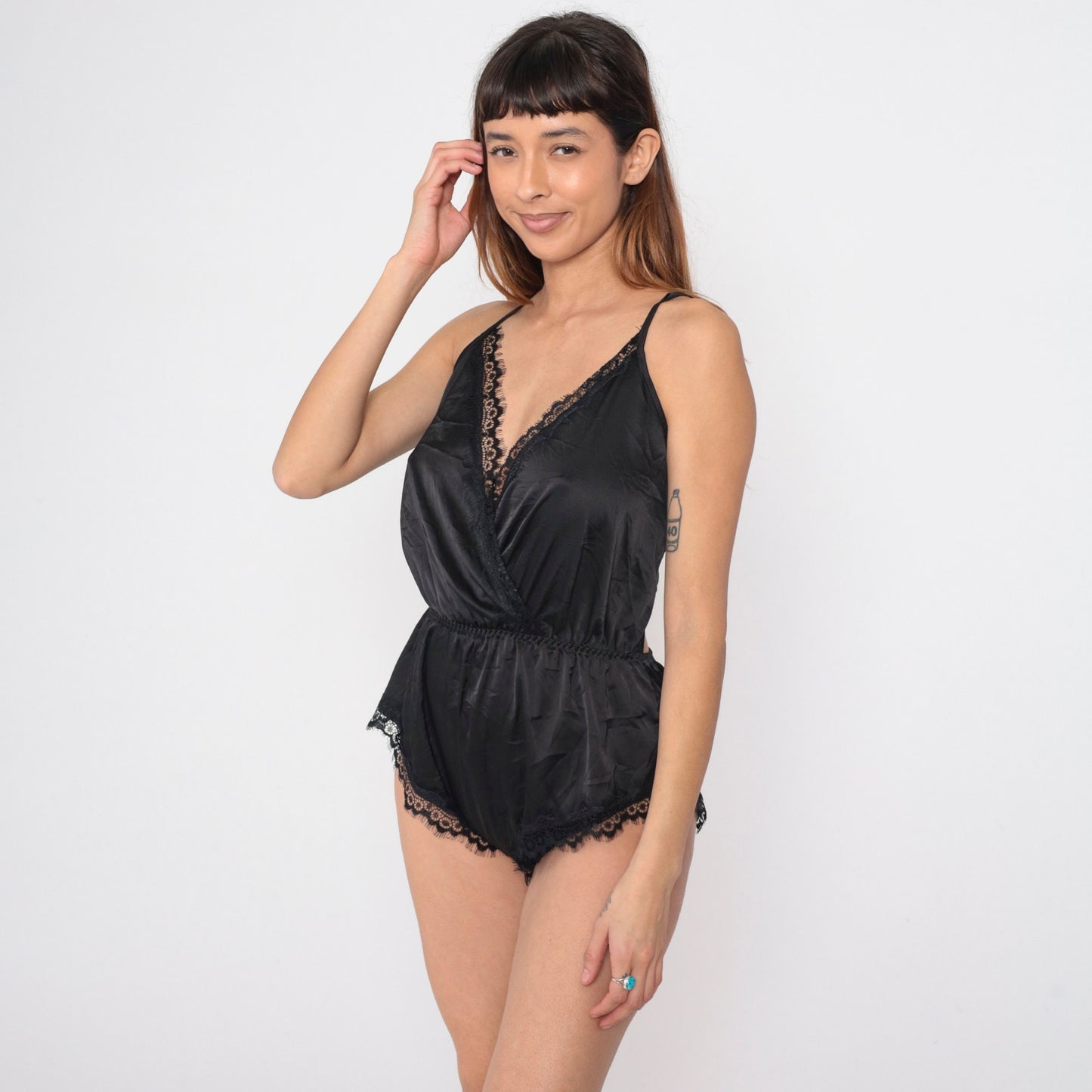 Y2K Black Eyelash Lace Teddy Romper Wrap V-Neck Peekaboo Back Medium M