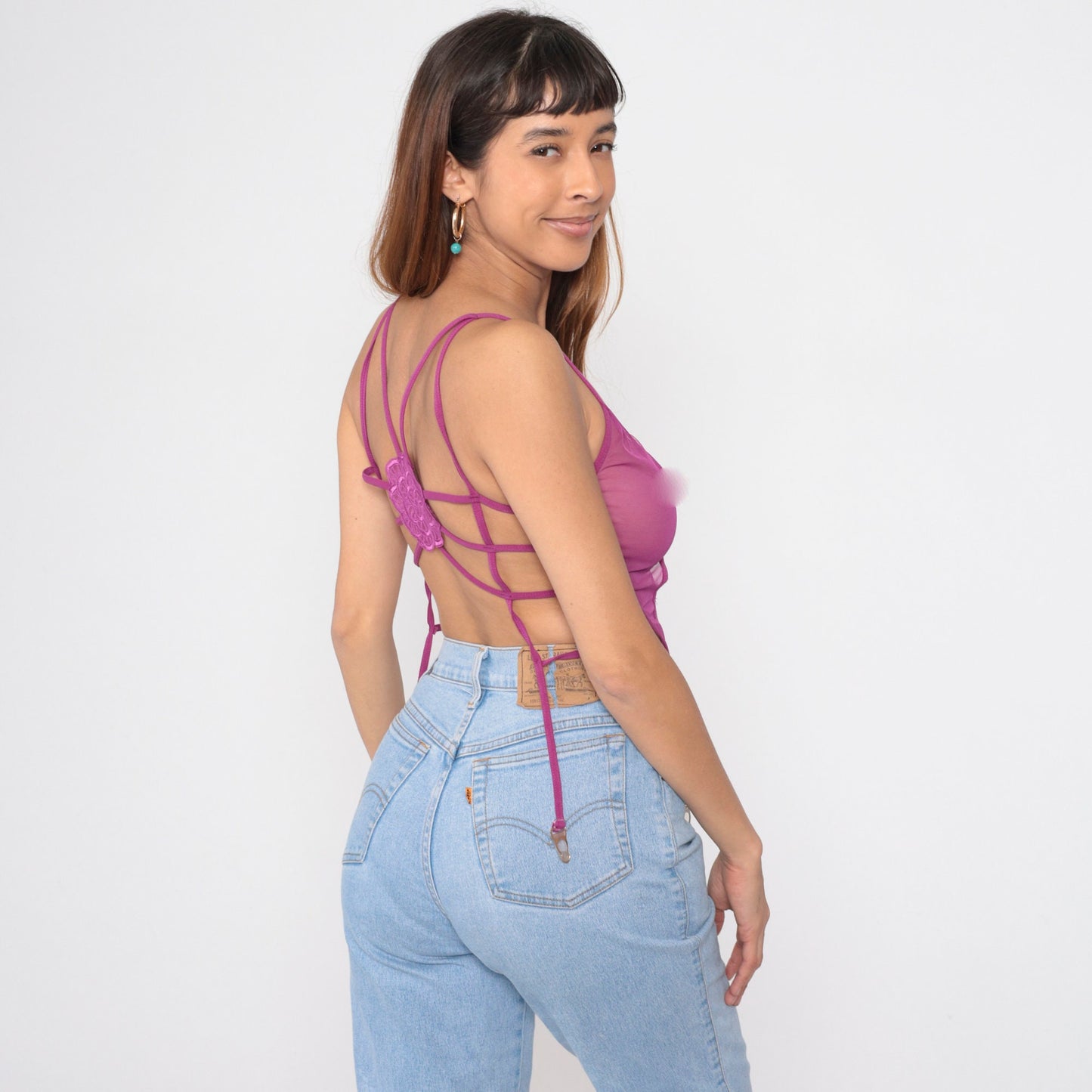 00s Shirley of Hollywood Purple Mesh Bustier Bralette Cage Back Garter Straps Small Medium