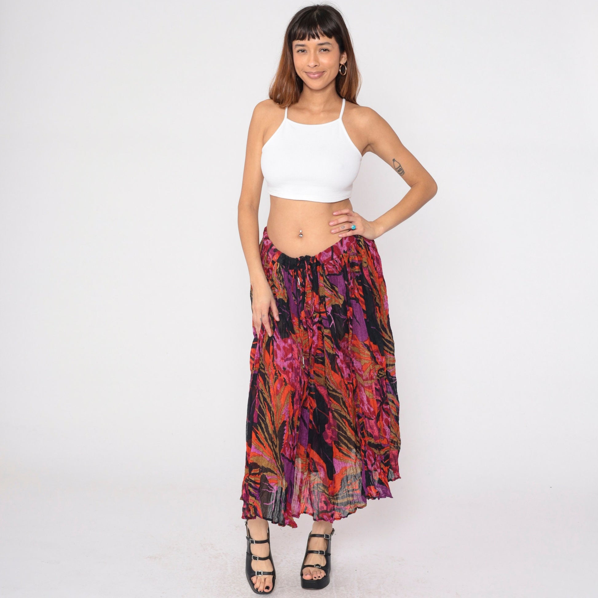 90s Floral Broomstick Midi Skirt Pleated Drawstring Waist Black Purple Red Orange Extra Large