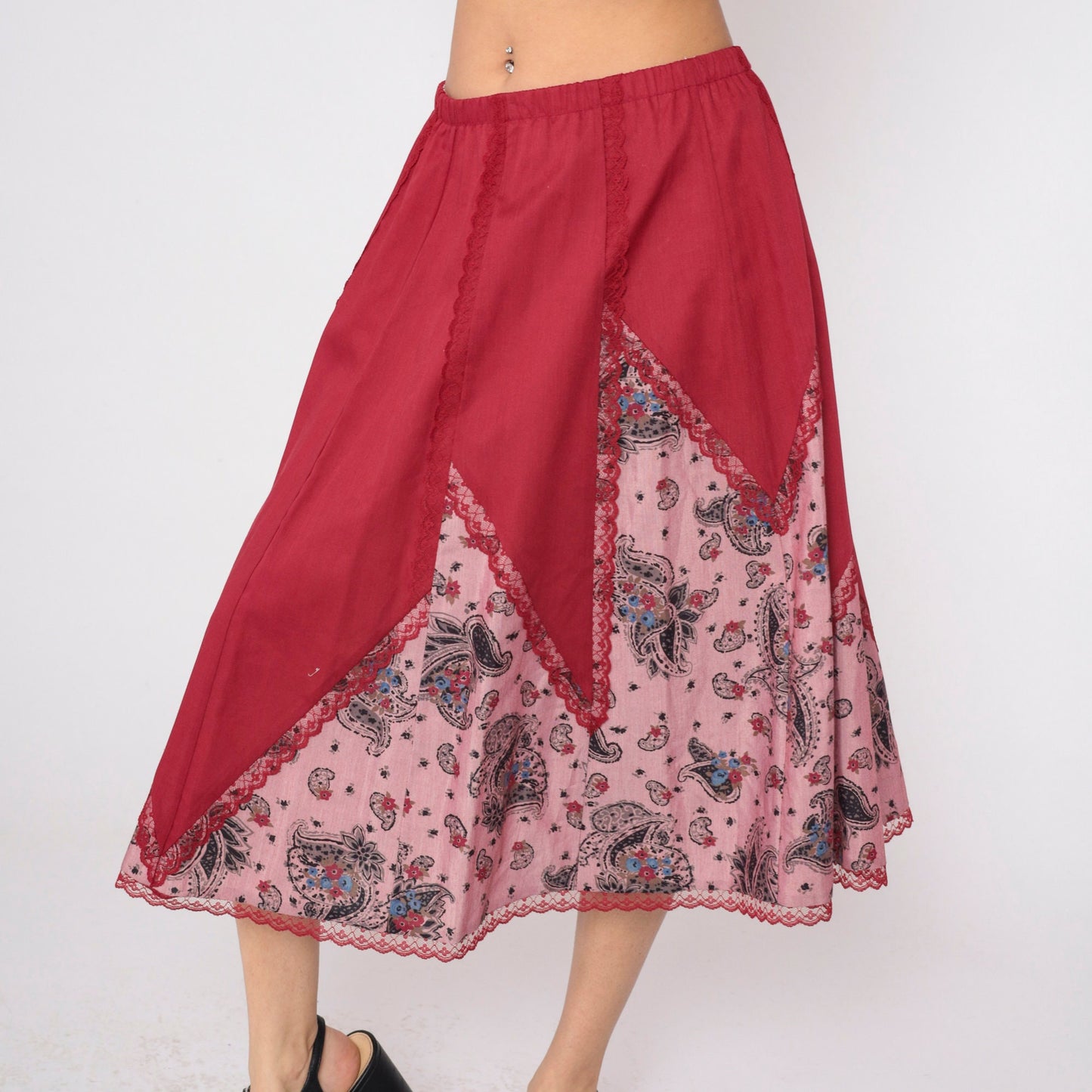 80s Red Paisley Midi Skirt Lace Trim High Waist Elastic Cotton Large