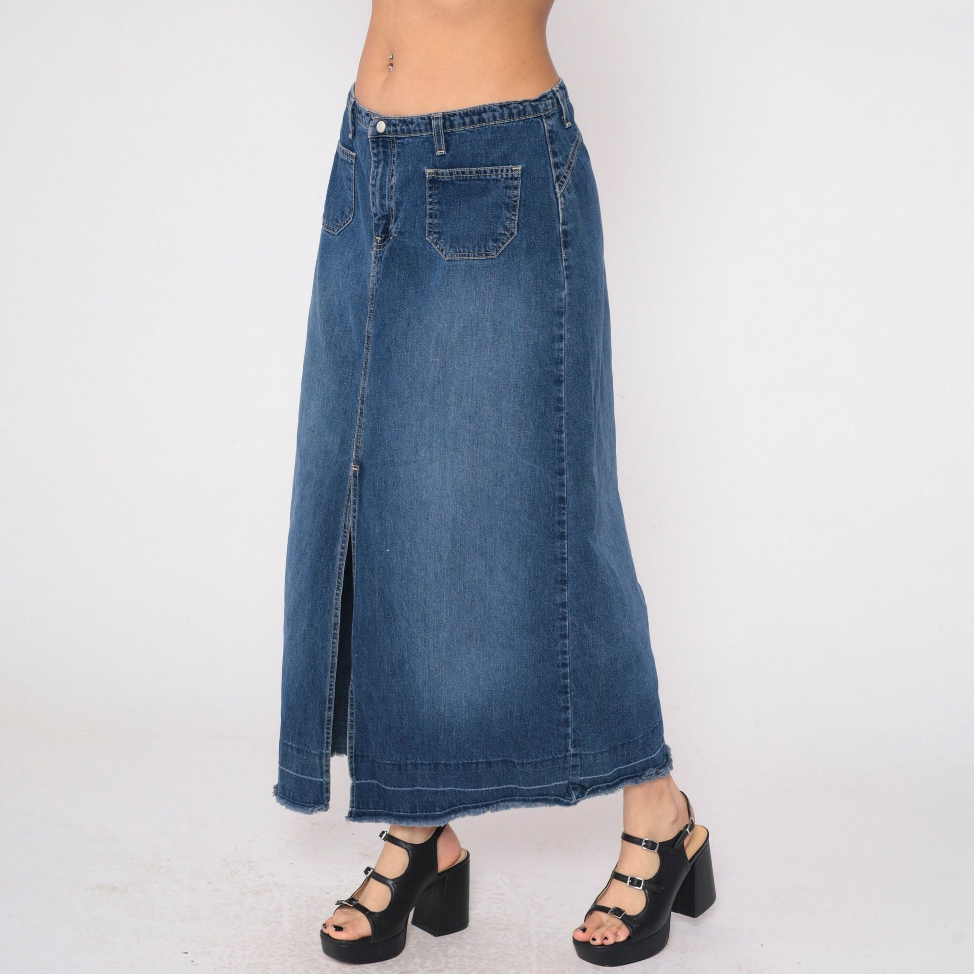 Y2K Roxy Low Rise Denim Maxi Skirt Blue Front Slit Large