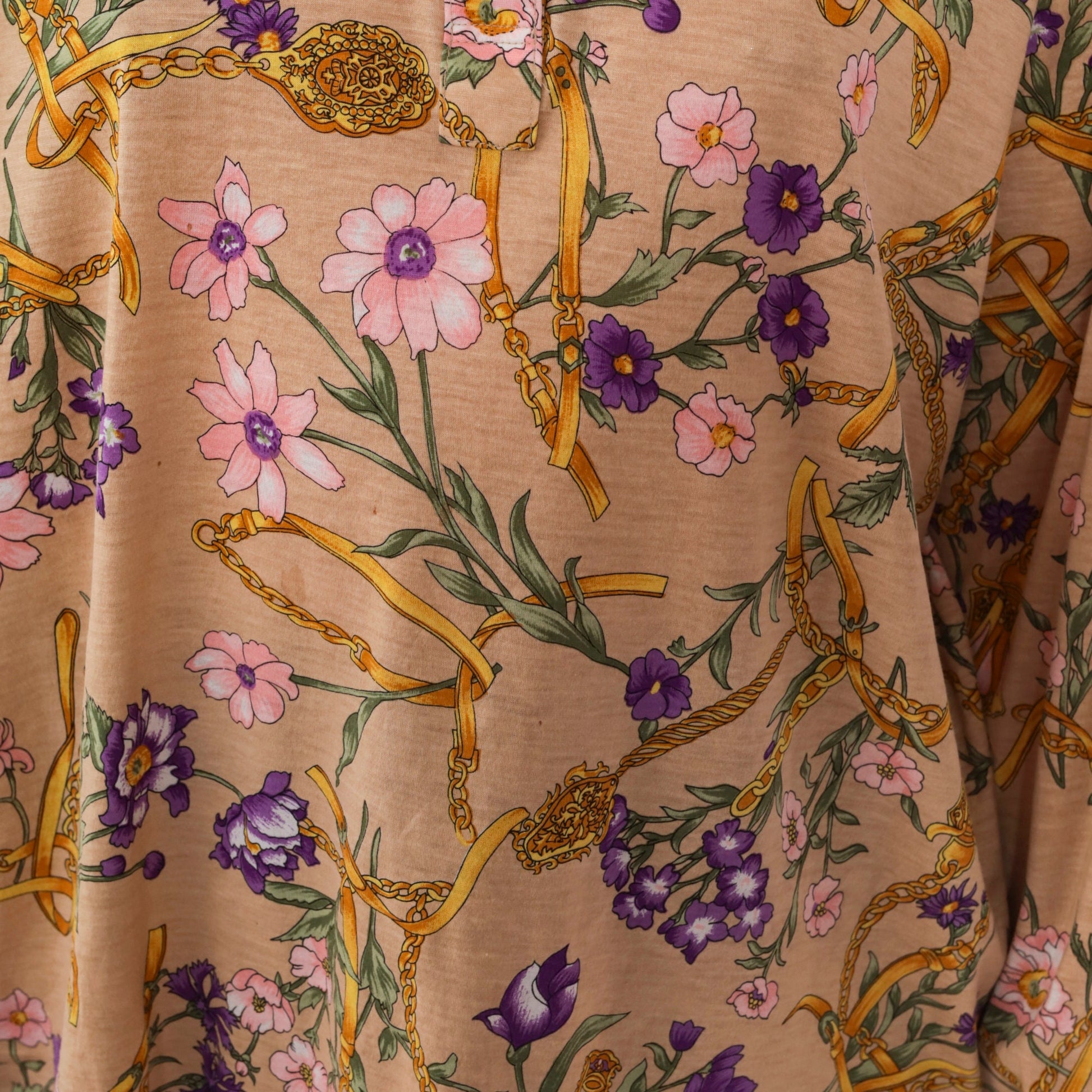 00s Baroque Floral Button-Up Blouse Tan Long Sleeve Collared Shirt Large L