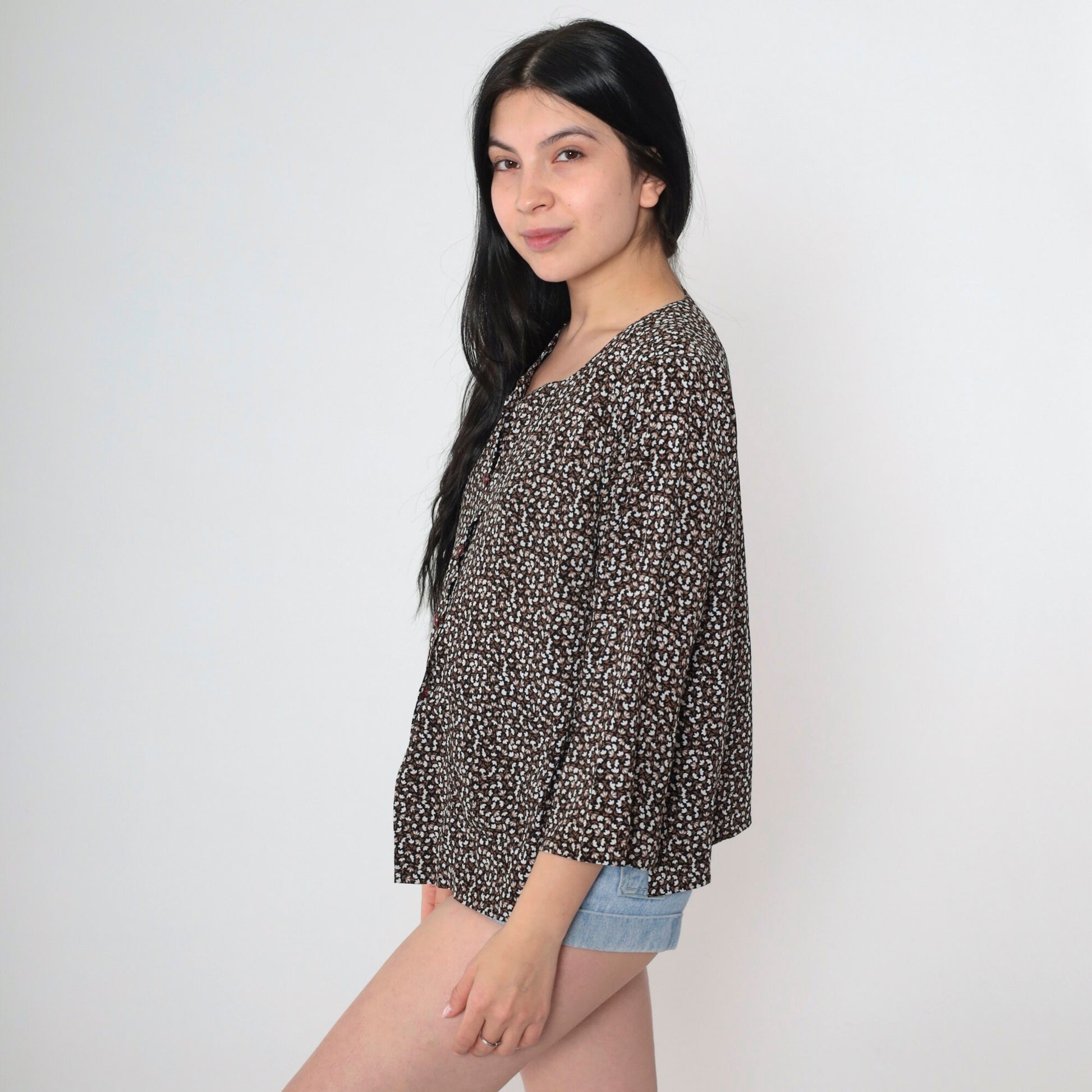90s Calico Floral Button Up Blouse Black White Brown Ditsy Print 3/4 Sleeve Medium M