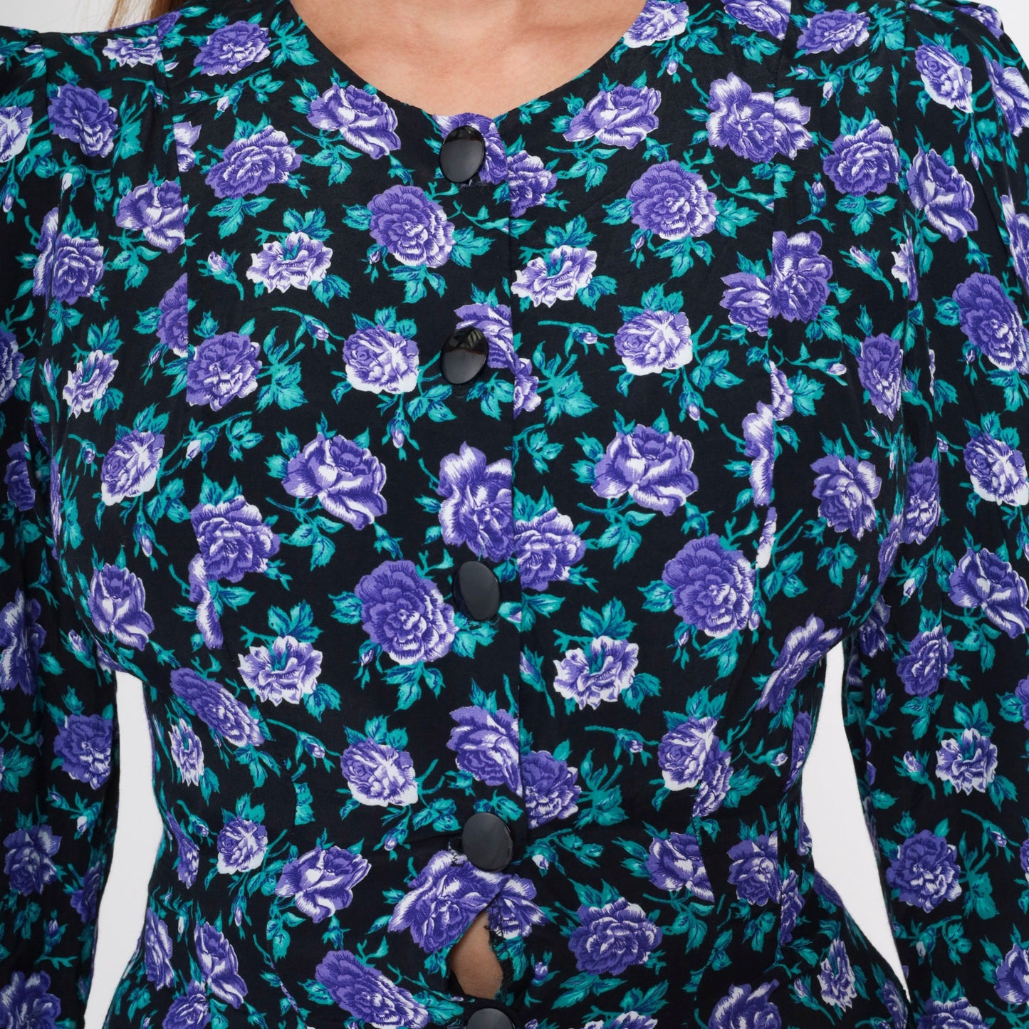 90s All That Jazz Black Floral Mini Dress Puff Sleeve Button-Up Small S
