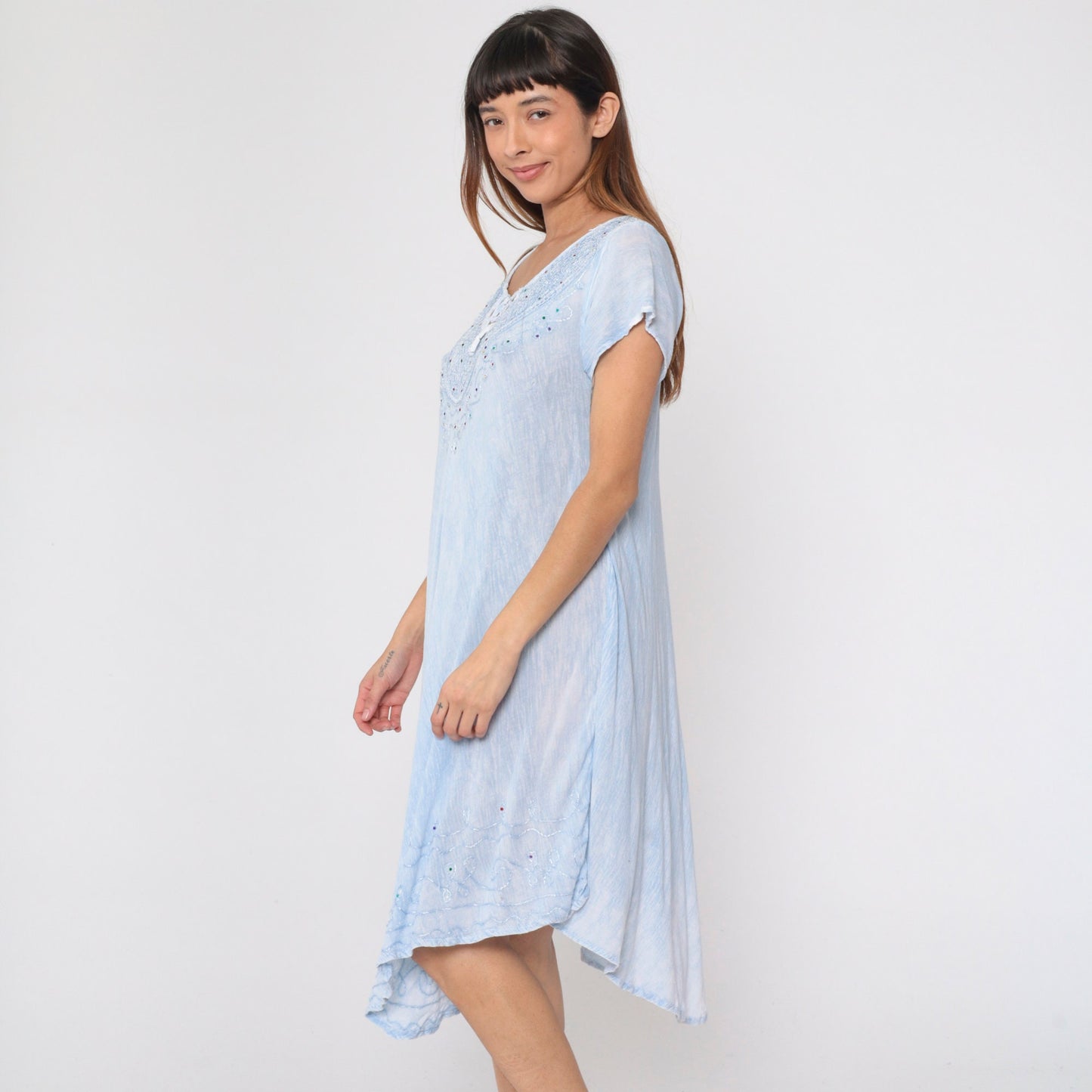 Y2K Tie Dye Baby Blue Midi Dress Rhinestone Embroidered Keyhole Neck