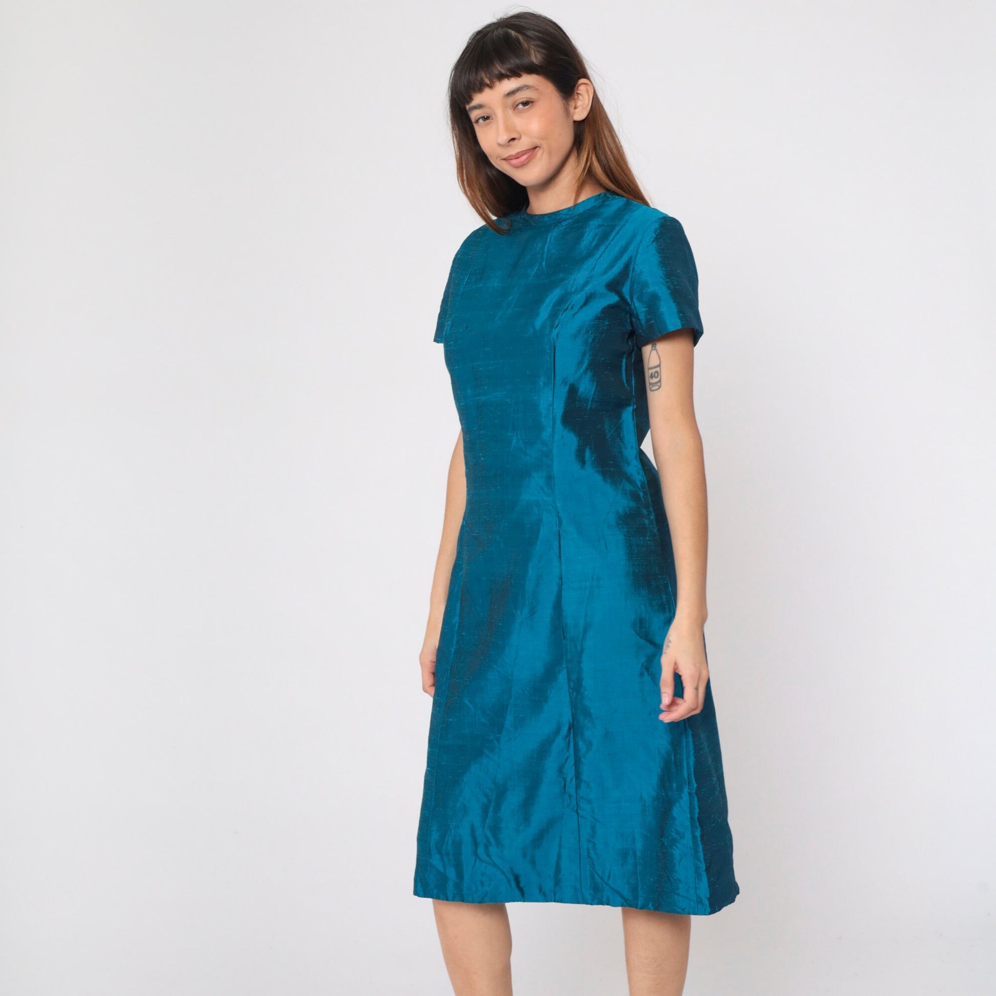 60s Iridescent Blue Silk Midi Dress A-Line Short Sleeve Medium