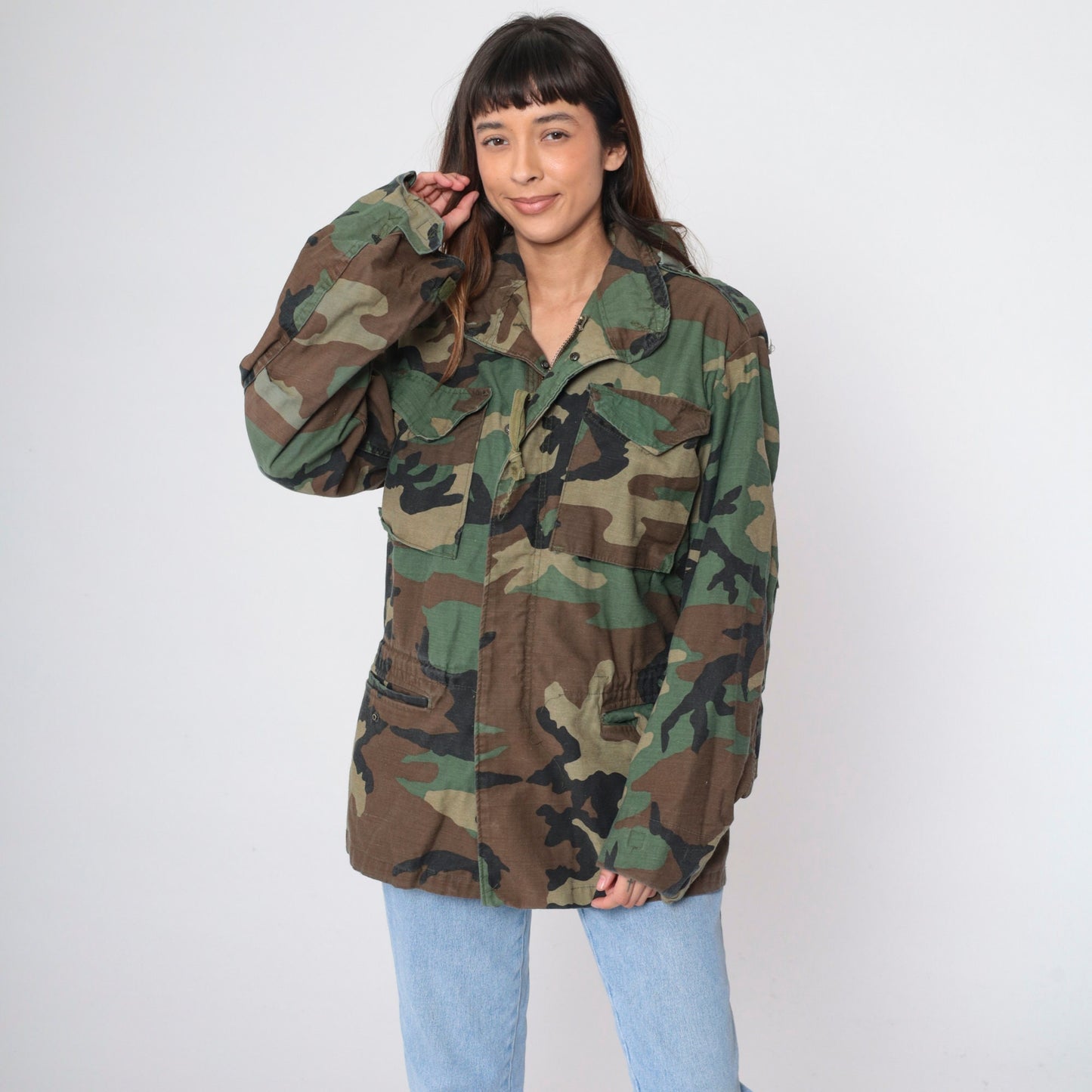 90s Military Camouflage Hooded Jacket Green Cargo Zip Snap Small