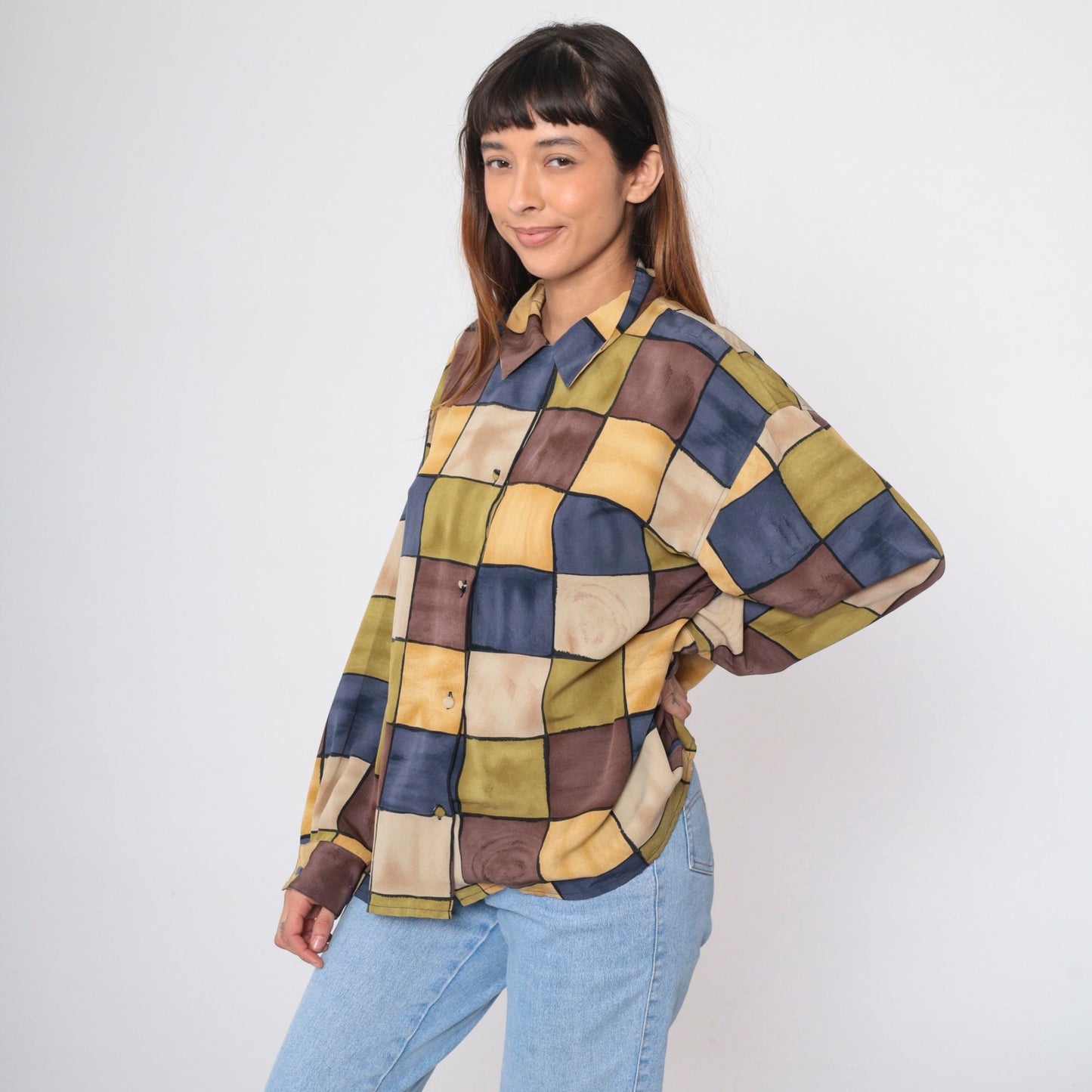 90s Checkerboard Button-Up Blouse Multicolor Long Sleeve Collared Shirt Extra Large XXL