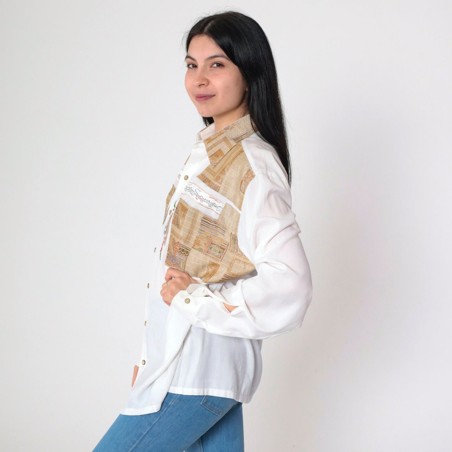 90s White Embroidered Button-Up Shirt Geometric Yoke Long Sleeve Large L
