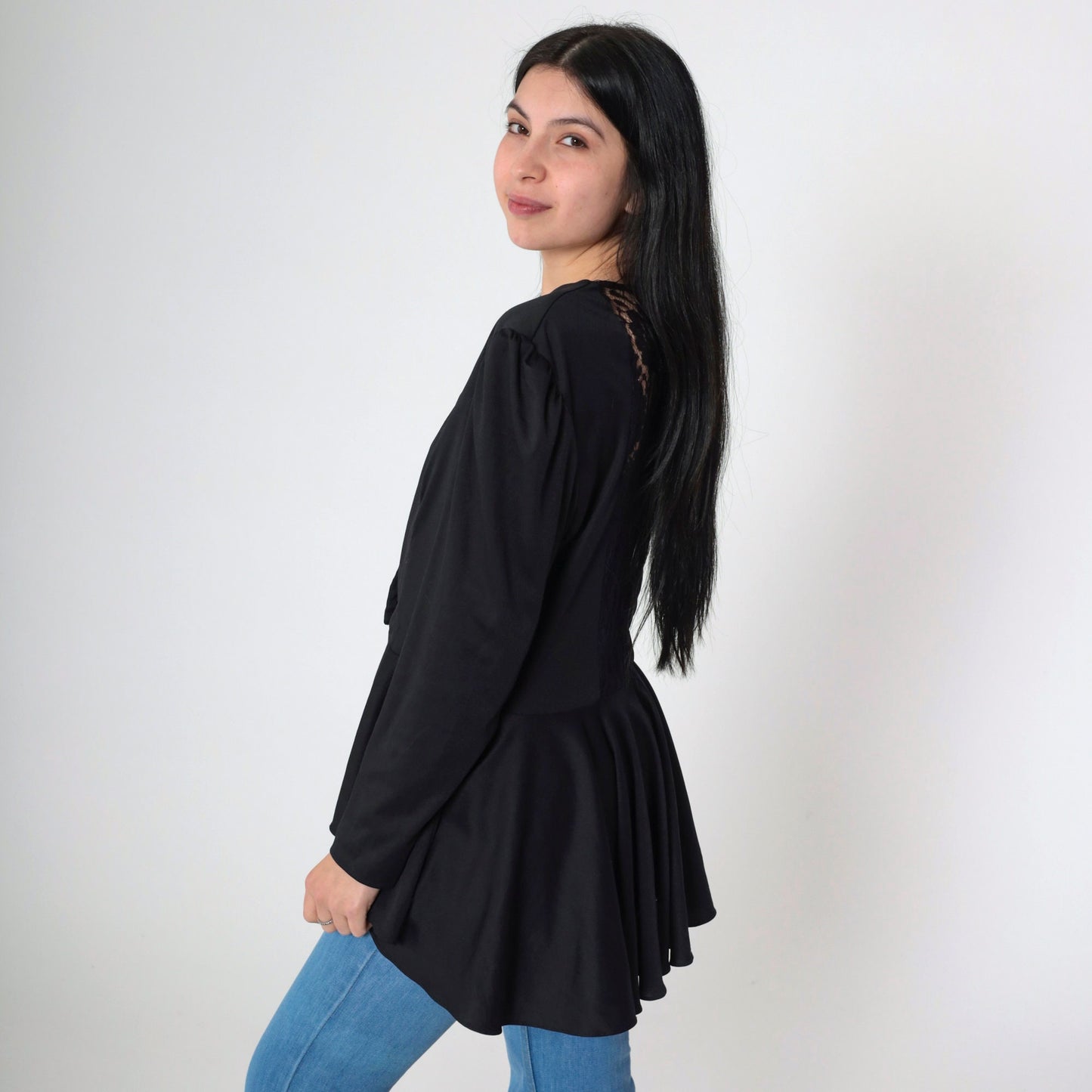 80s Black Lace Blouse Puff Sleeve Peplum High Low Sweetheart Neckline Medium
