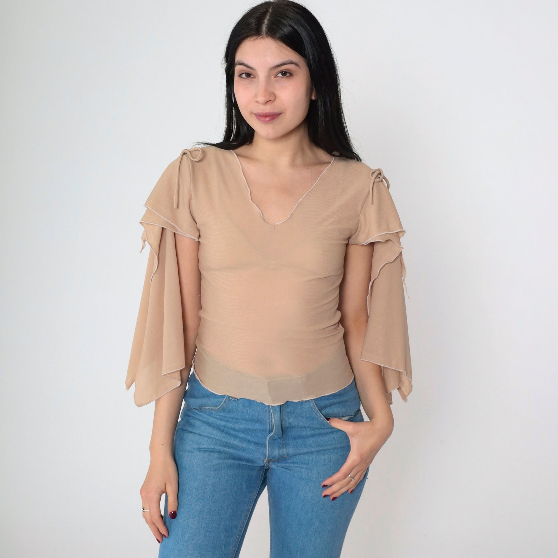 Y2K Nina Piu Sheer Mesh Top Tan Cape Sleeve V-Neck Small S