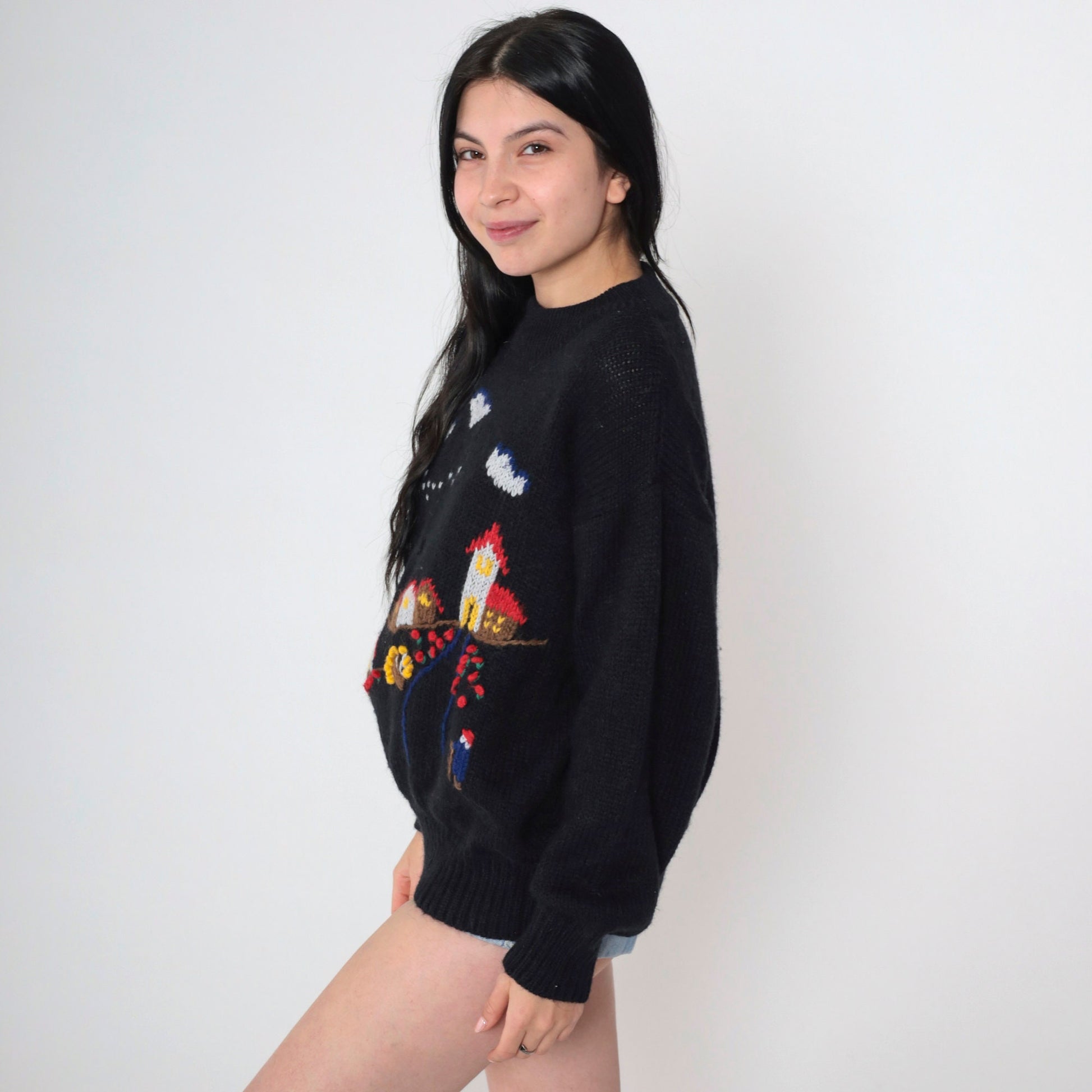 80s Lilly of California Country Village Sweater Black Knit Crewneck Medium