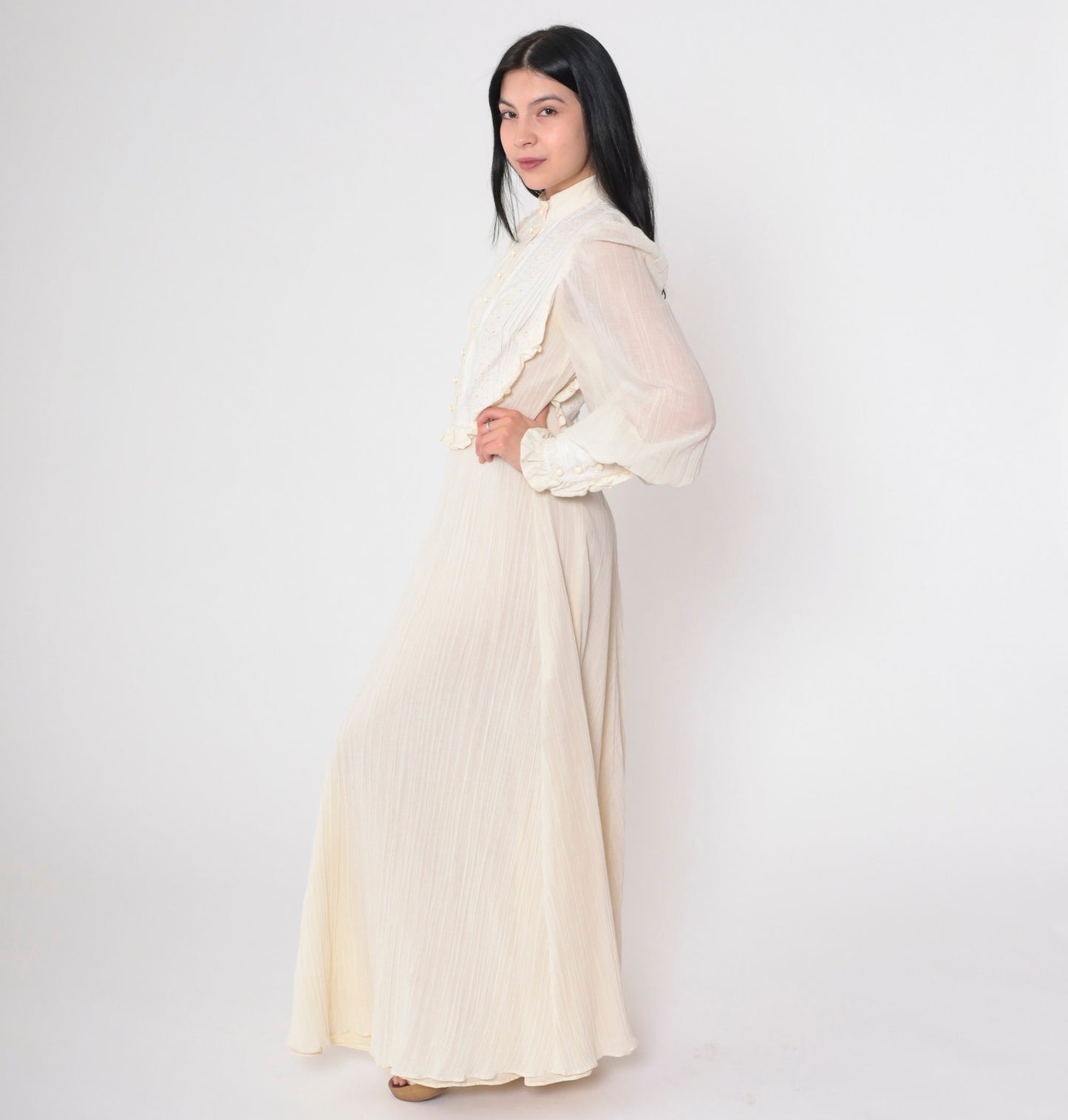70s Miss K Cream Eyelet Maxi Dress Puff Sleeve Victorian Prairie Small