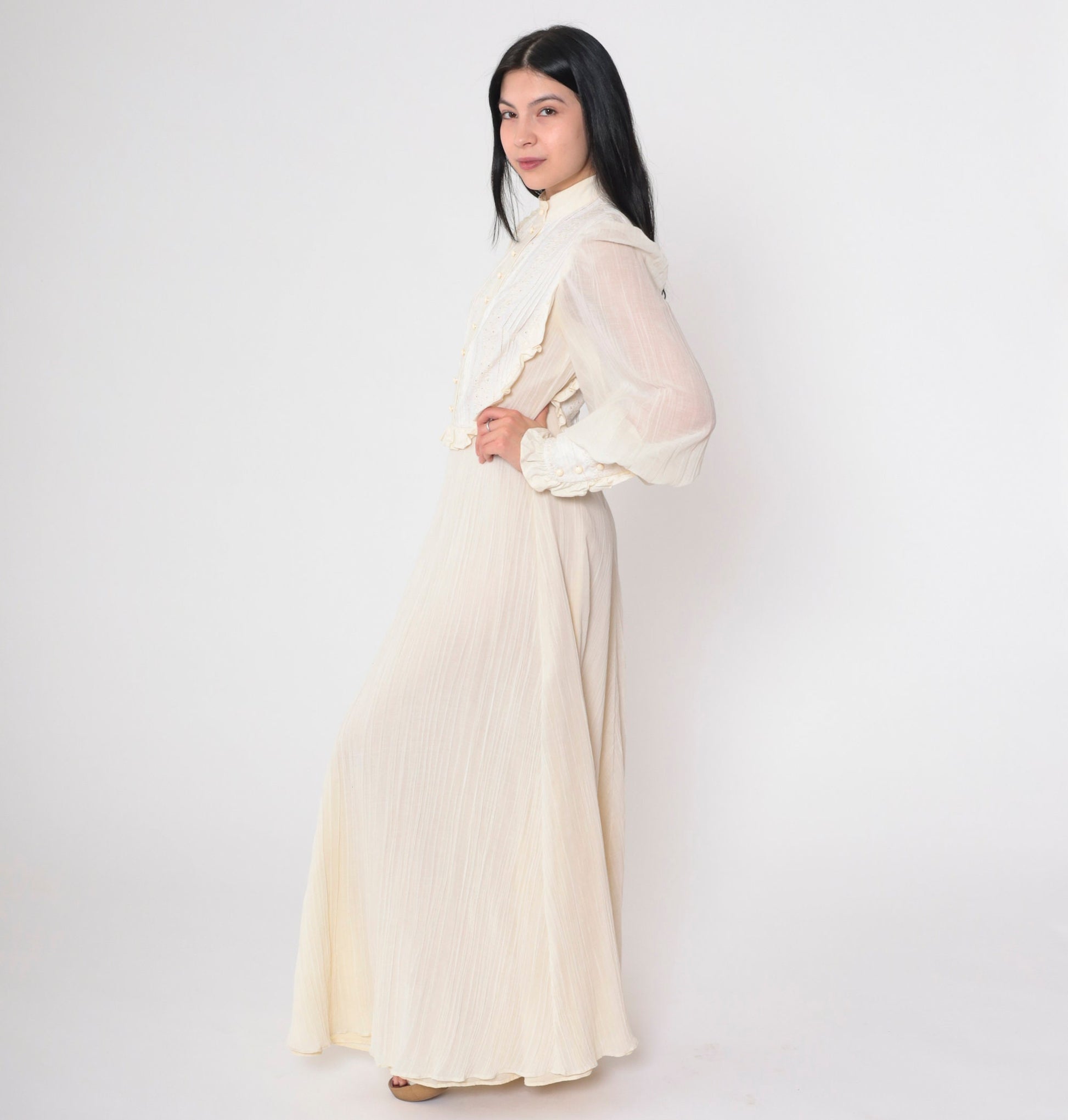 70s Miss K Cream Eyelet Maxi Dress Puff Sleeve Victorian Prairie Small