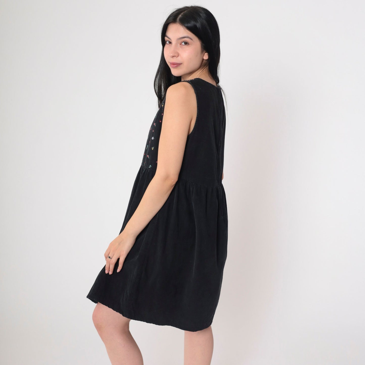 90s Black Corduroy Mini Dress Floral Embroidered High Waist Sleeveless Small