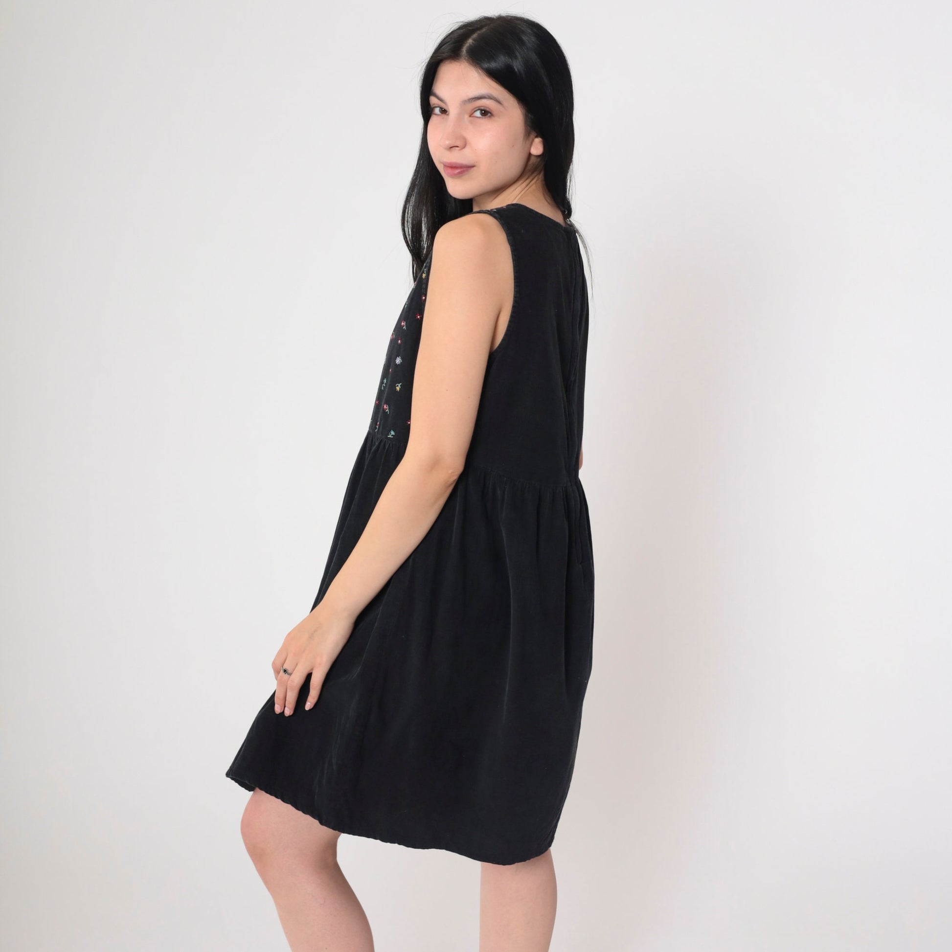 90s Black Corduroy Mini Dress Floral Embroidered High Waist Sleeveless Small