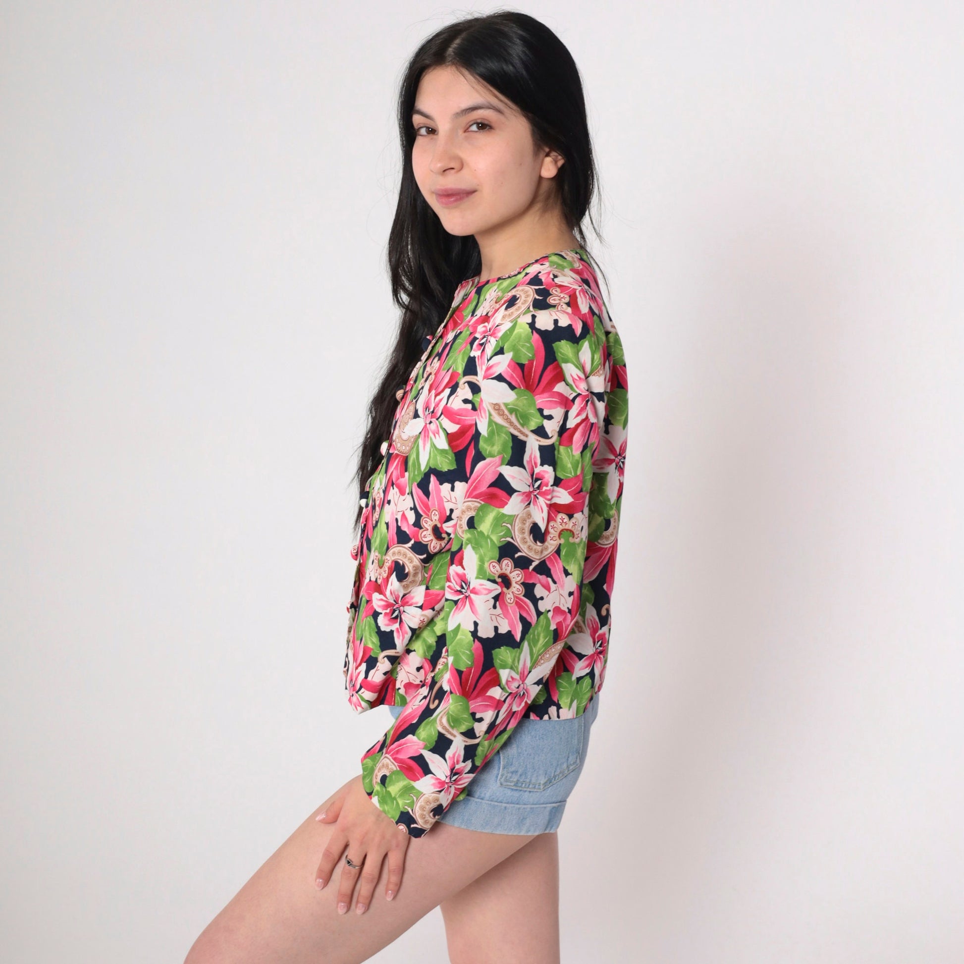 90s Evan Picone Floral Blazer Pink Green Rayon Jacket Large 12