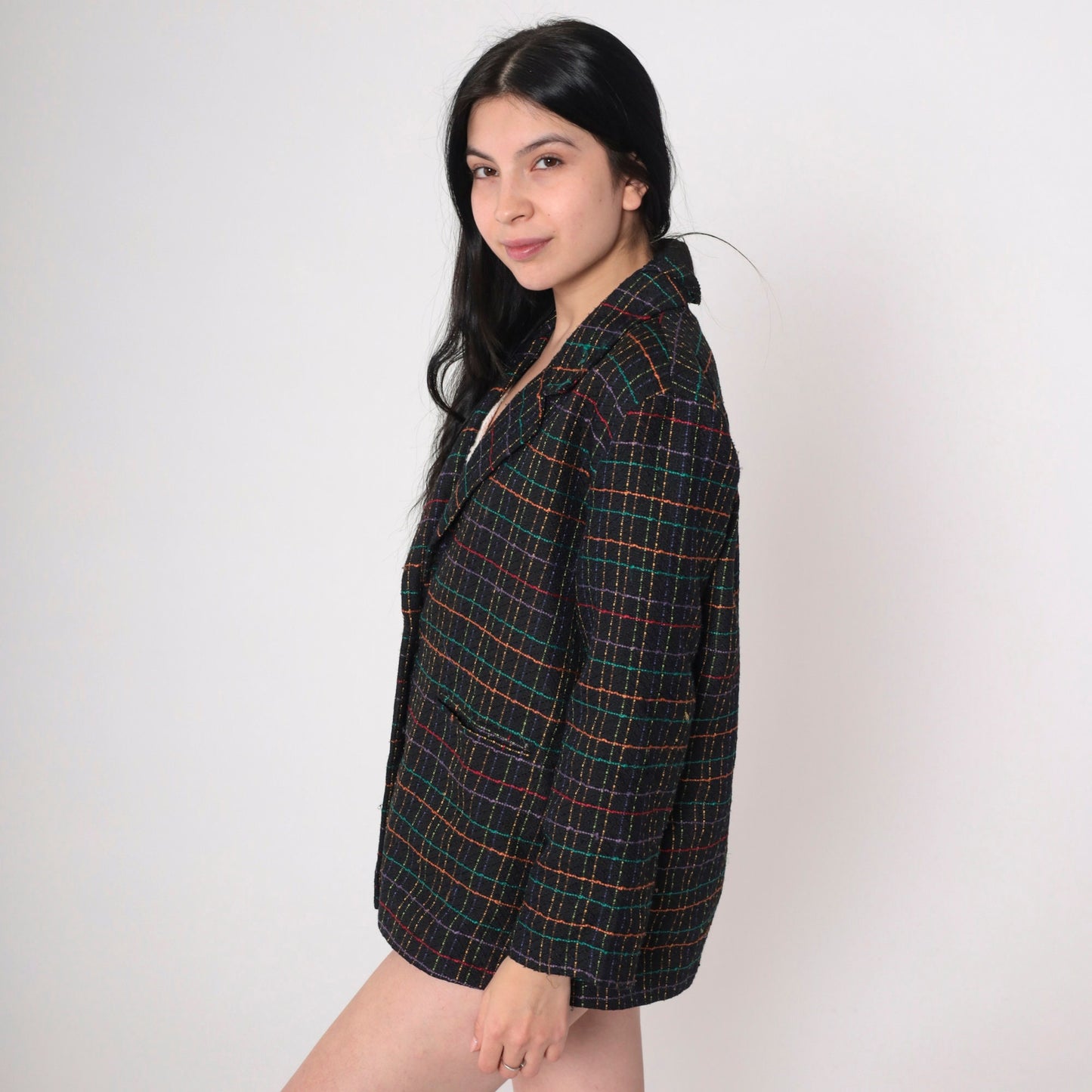 90s Black Checkered Blazer Rainbow Print Button-Up Jacket Large L