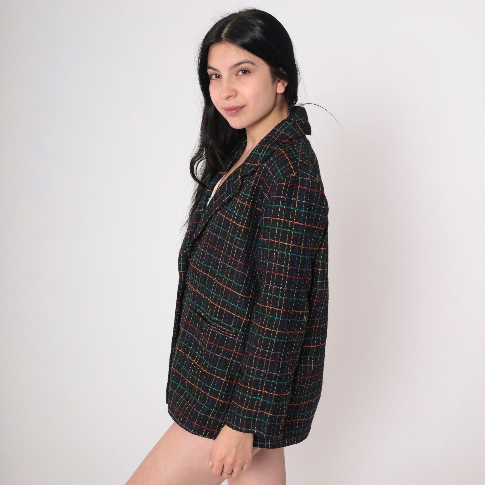 90s Black Checkered Blazer Rainbow Print Button-Up Jacket Large L